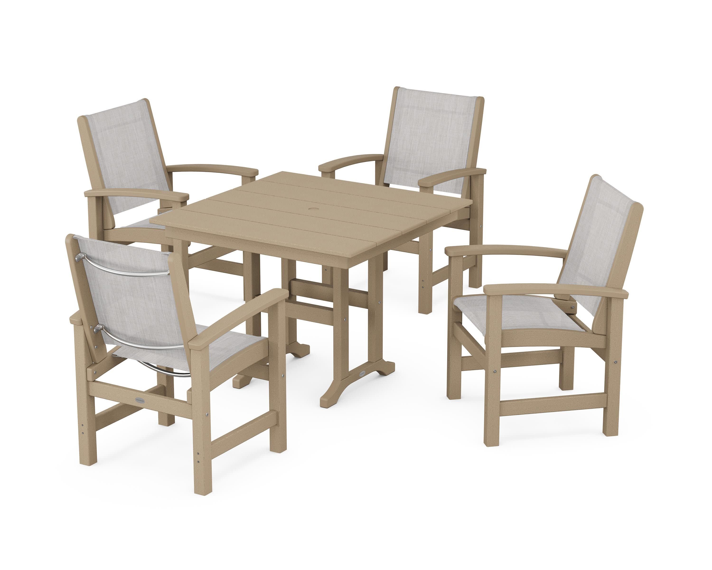 Coastal 5-Piece Farmhouse Dining Set in Vintage Sahara / Parchment Sling