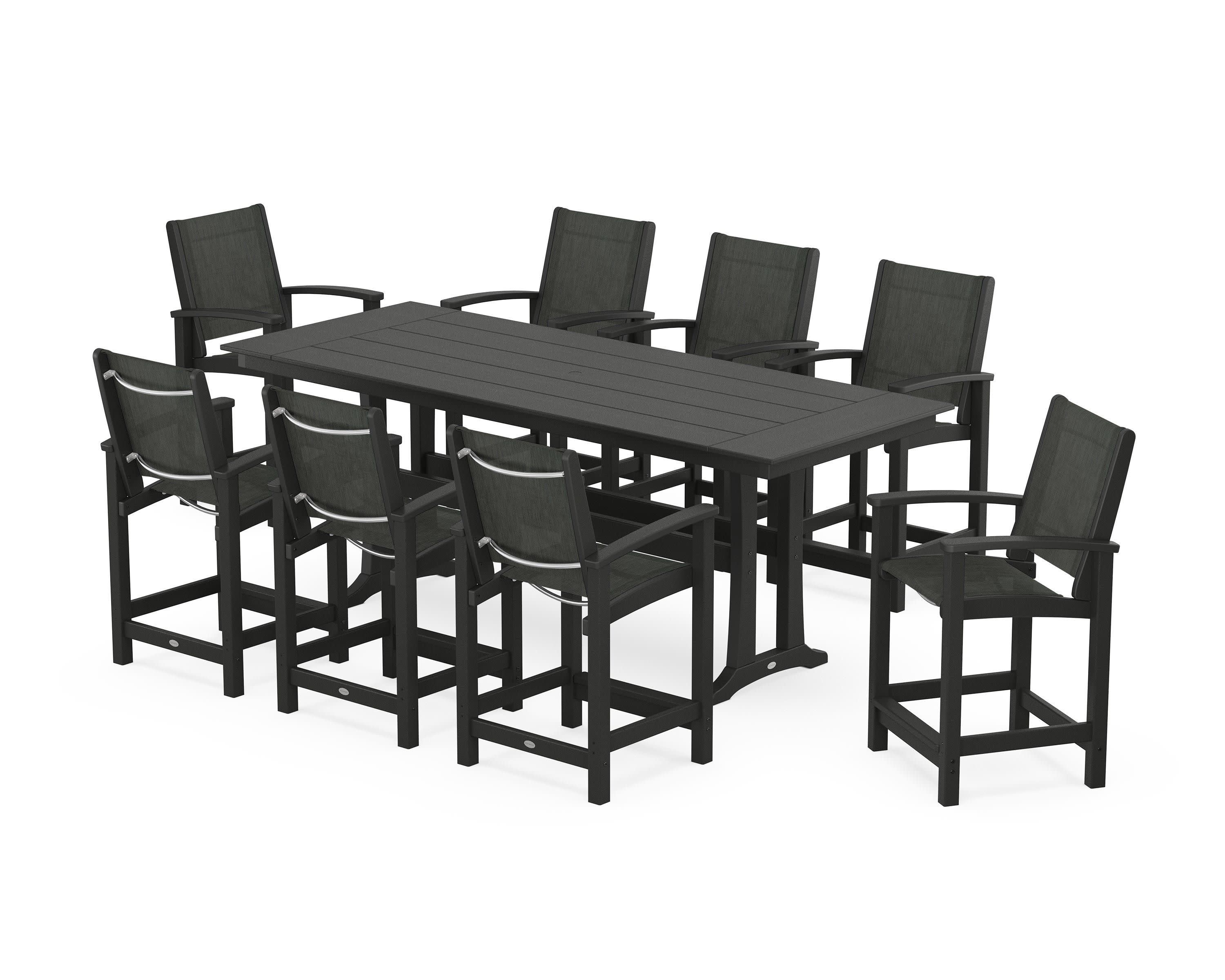 Coastal 9-Piece Farmhouse Counter Set with Trestle Legs in Black / Ember Sling