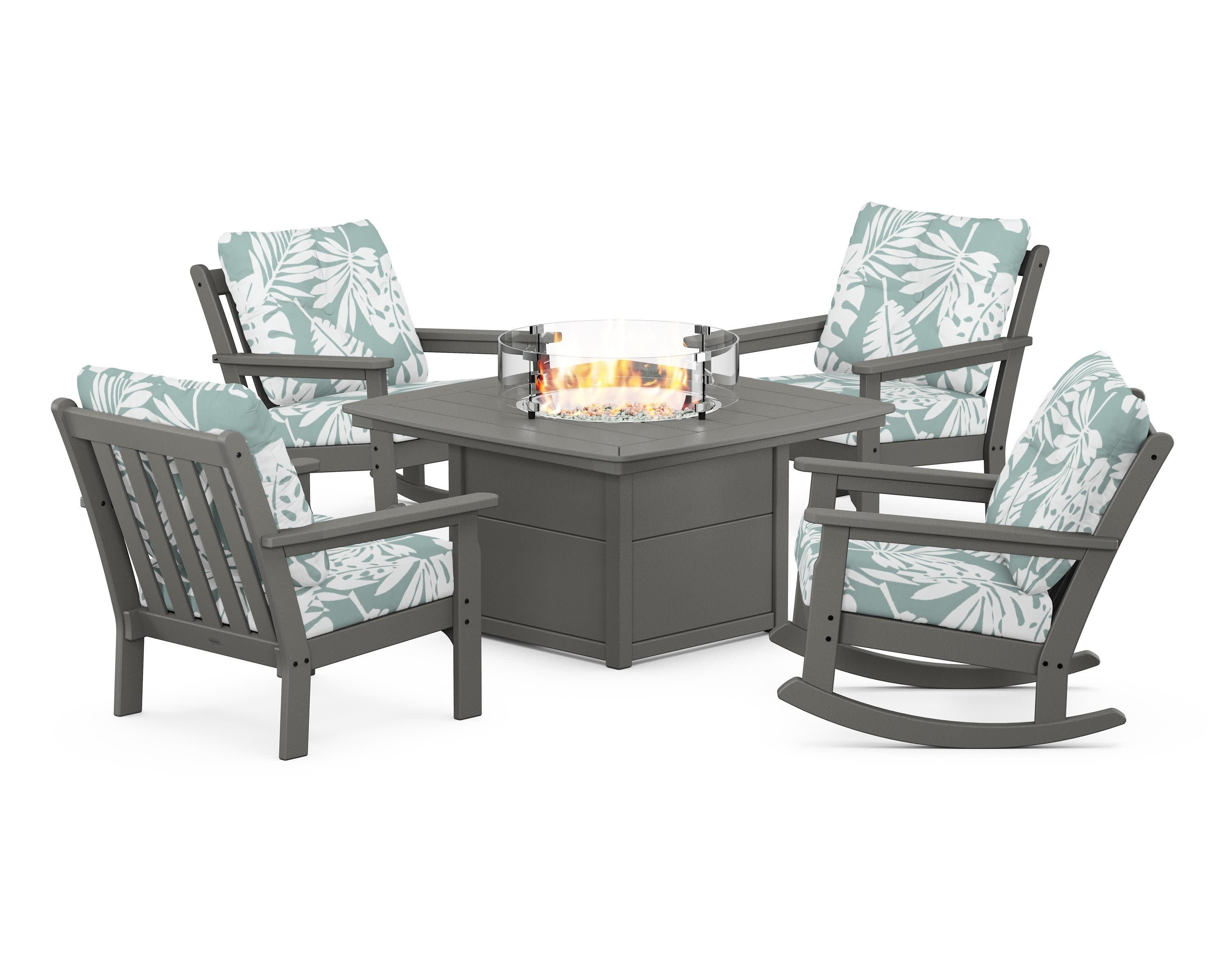 Vineyard 5-Piece Deep Seating Rocking Chair Conversation Set with Fire Pit Table in Slate Grey / Leaf Glacier Spa