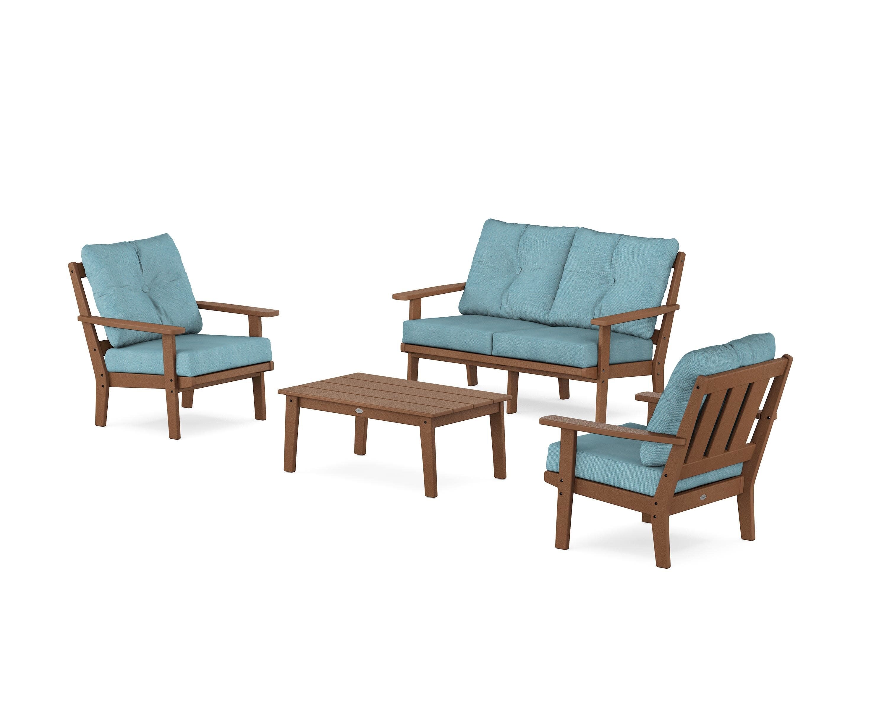Oxford 4-Piece Deep Seating Set with Loveseat in Teak / Lattice Sky Blue