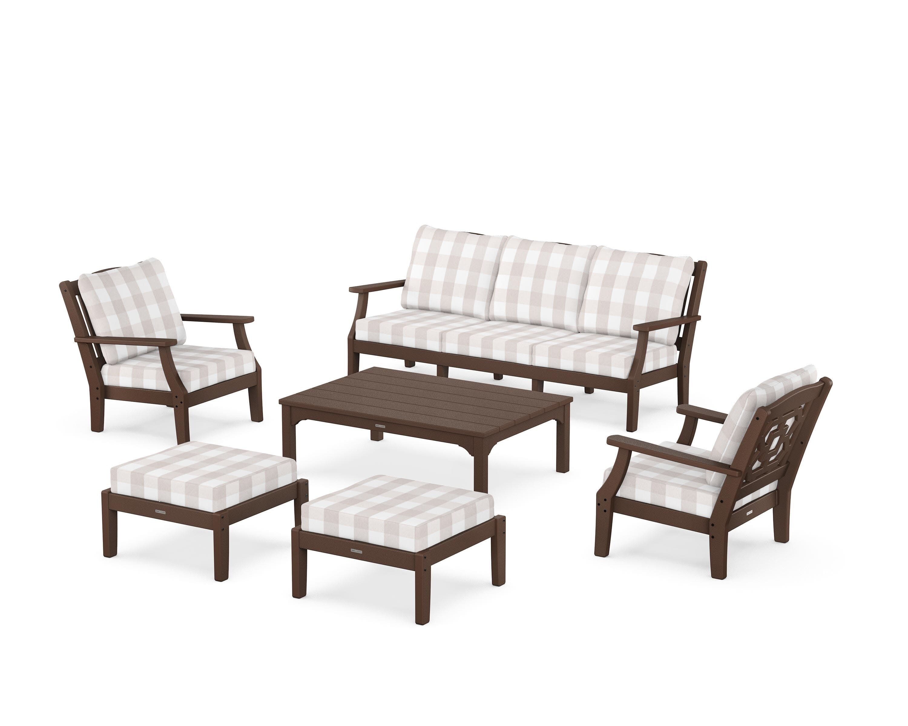 Chinoiserie 6-Piece Lounge Sofa Set in Mahogany / Buffalo Plaid Dune Burlap