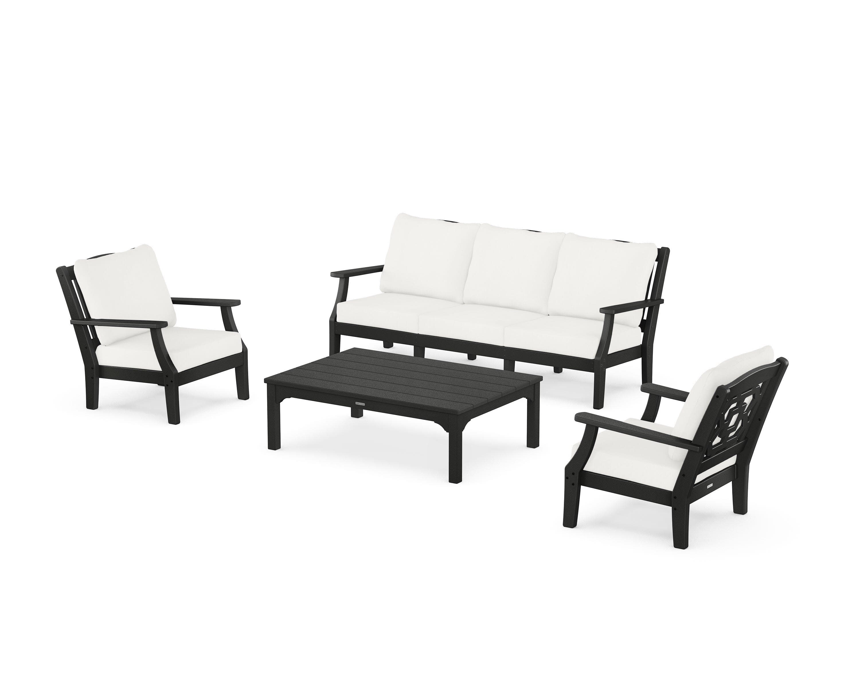 Chinoiserie 4-Piece Deep Seating Set with Sofa in Black / Natural Linen