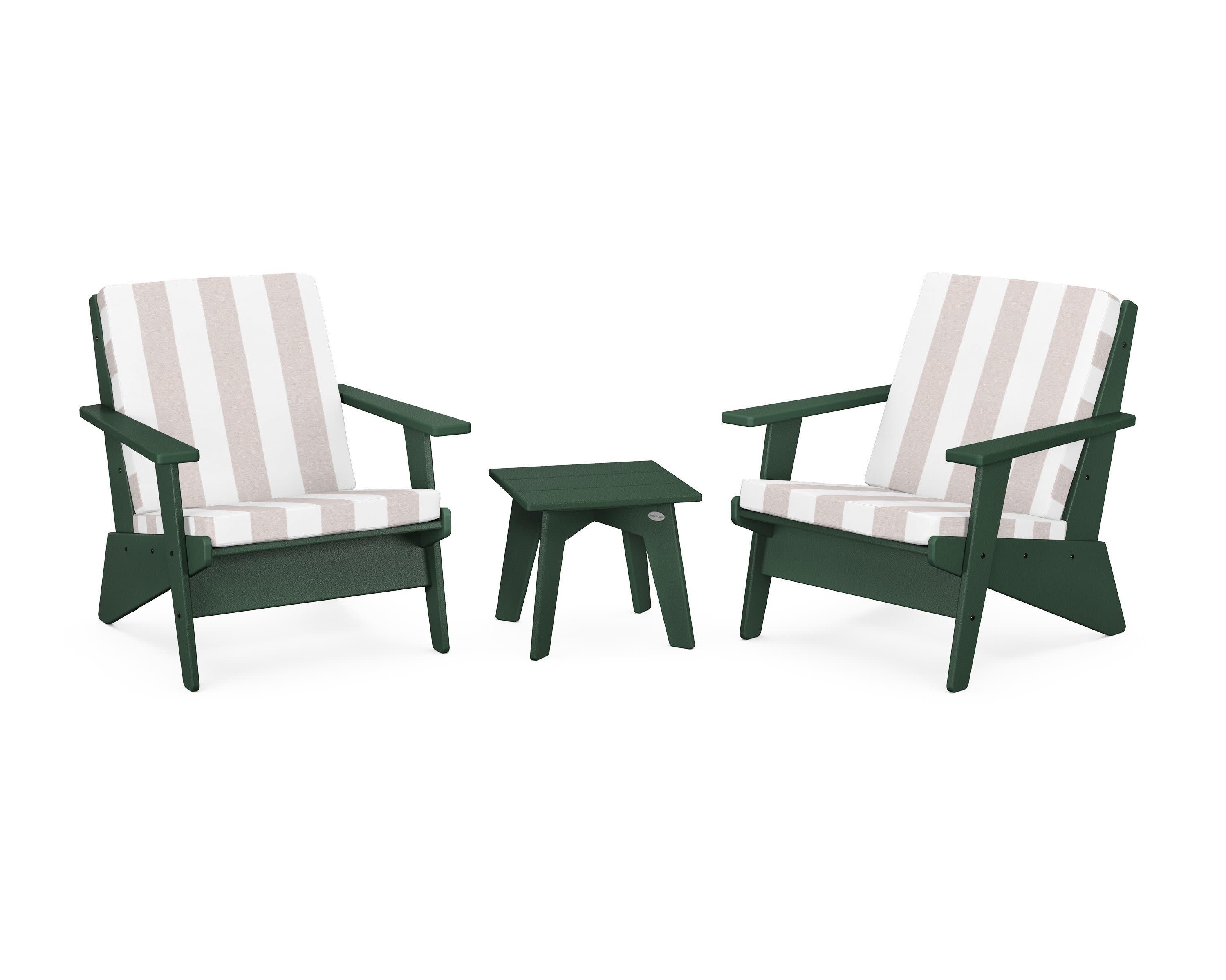 Riviera Modern Lounge 3-Piece Set in Green / Cabana Stripe Dune Burlap