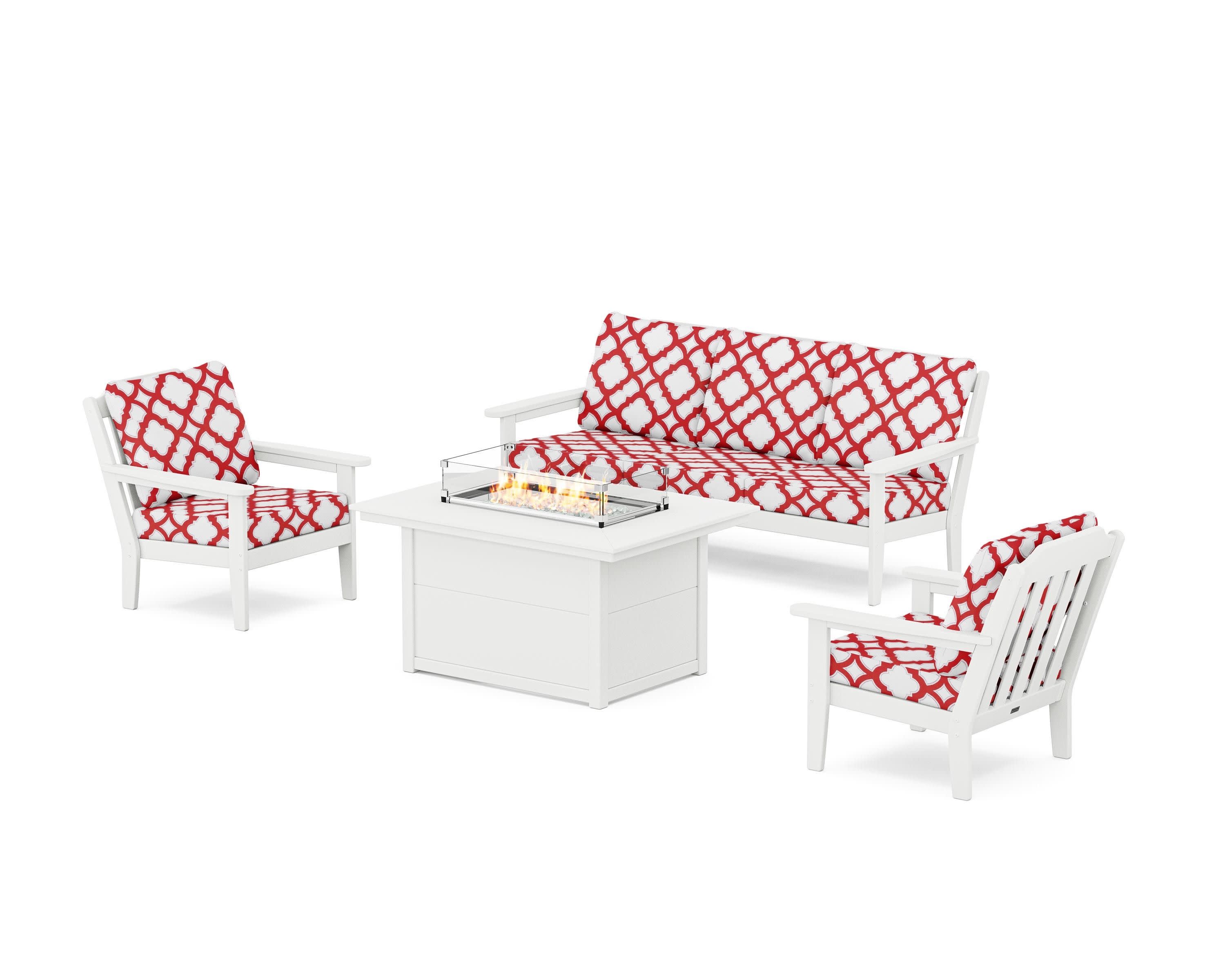 Cottage Deep Seating Fire Pit Table Set in White / Trellis Crimson