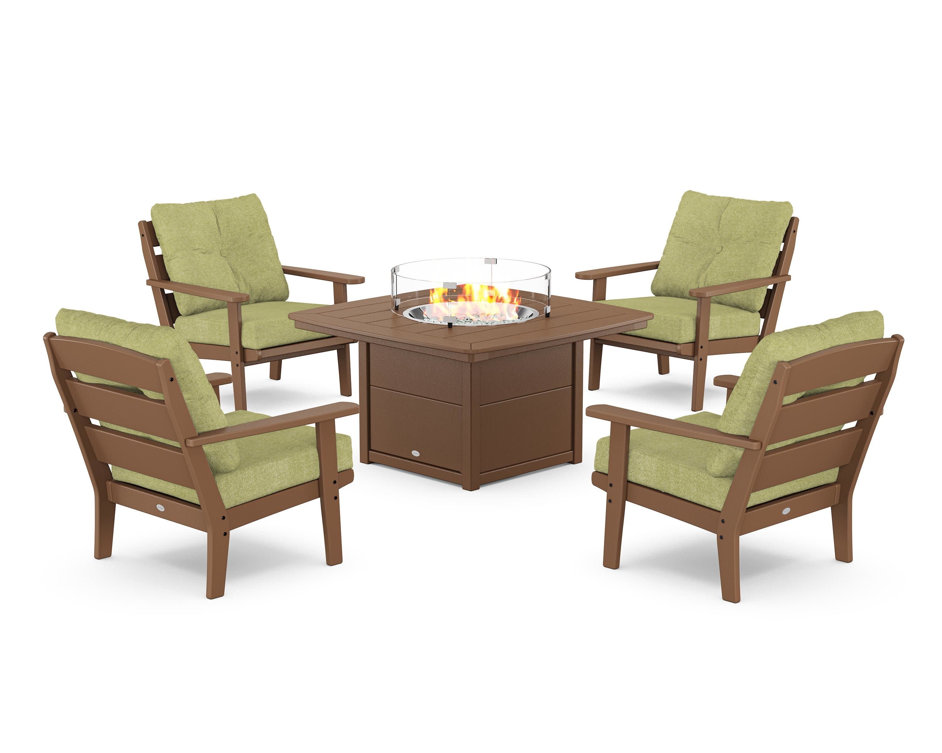 Lakeside 5-Piece Deep Seating Set with Nautical Fire Pit Table in Teak / Chartreuse Boucle