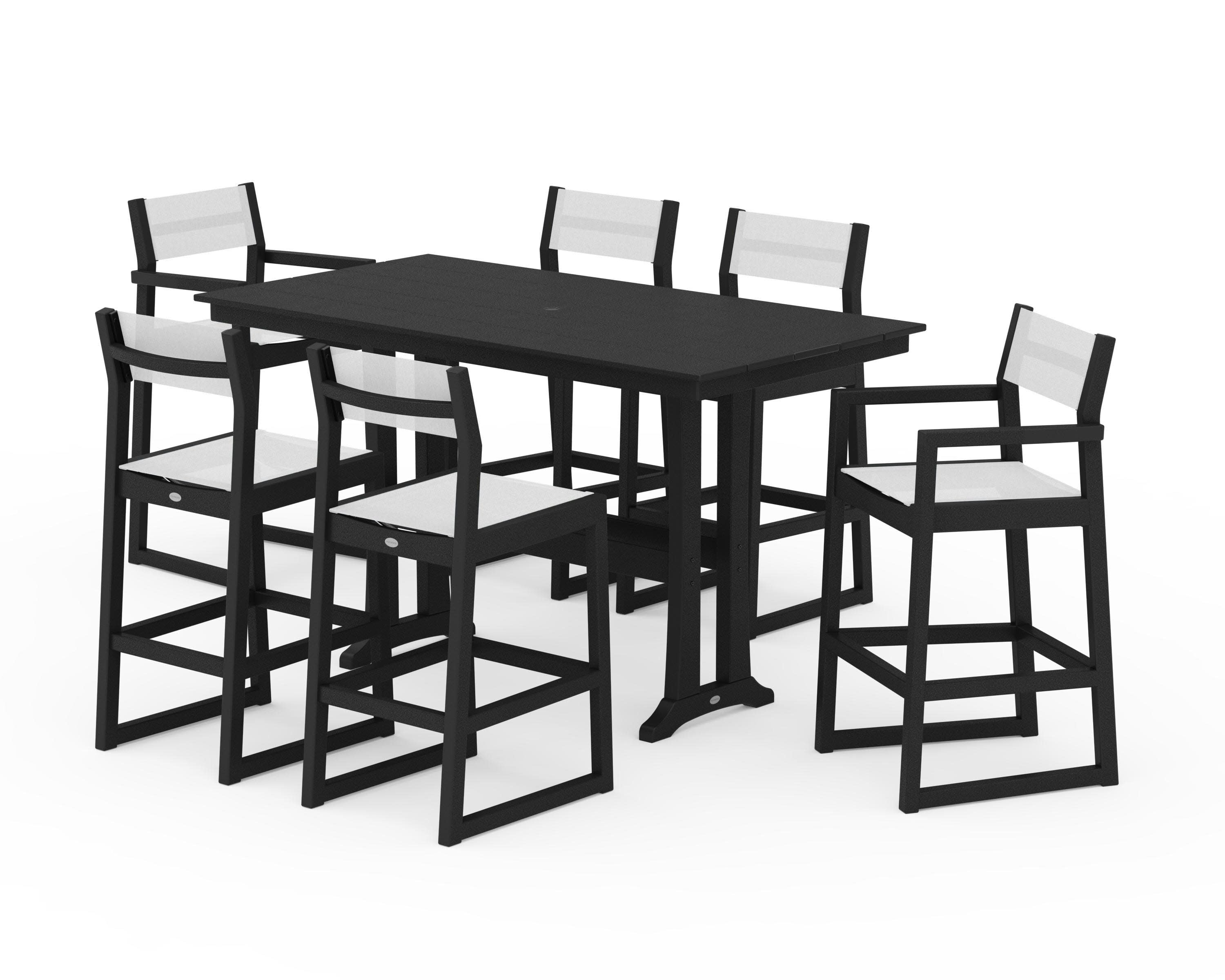 EDGE Sling 7-Piece Farmhouse Bar Set with Trestle Legs in Black / White Sling