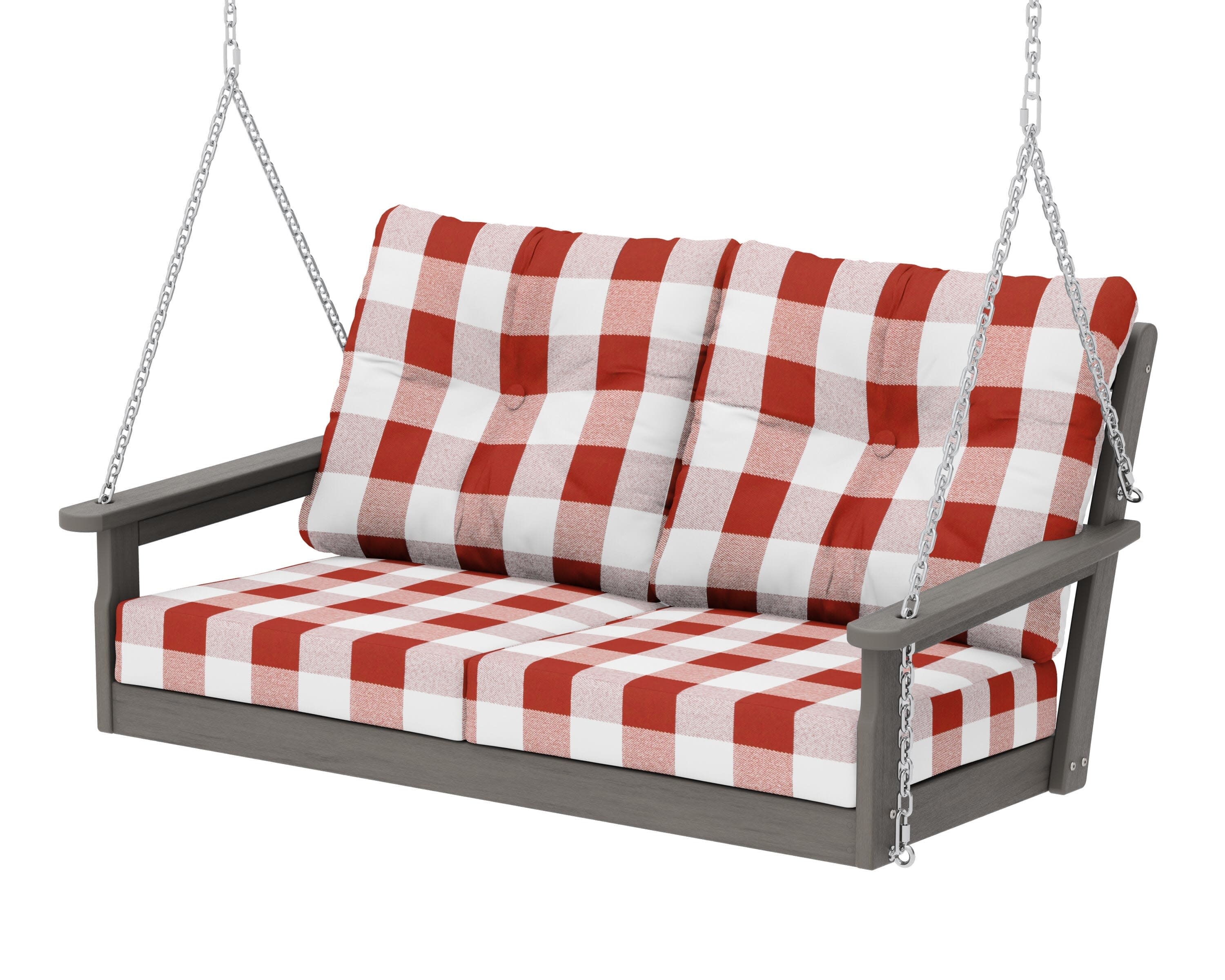 Vineyard Deep Seating Swing in Driftwood / Buffalo Plaid Crimson