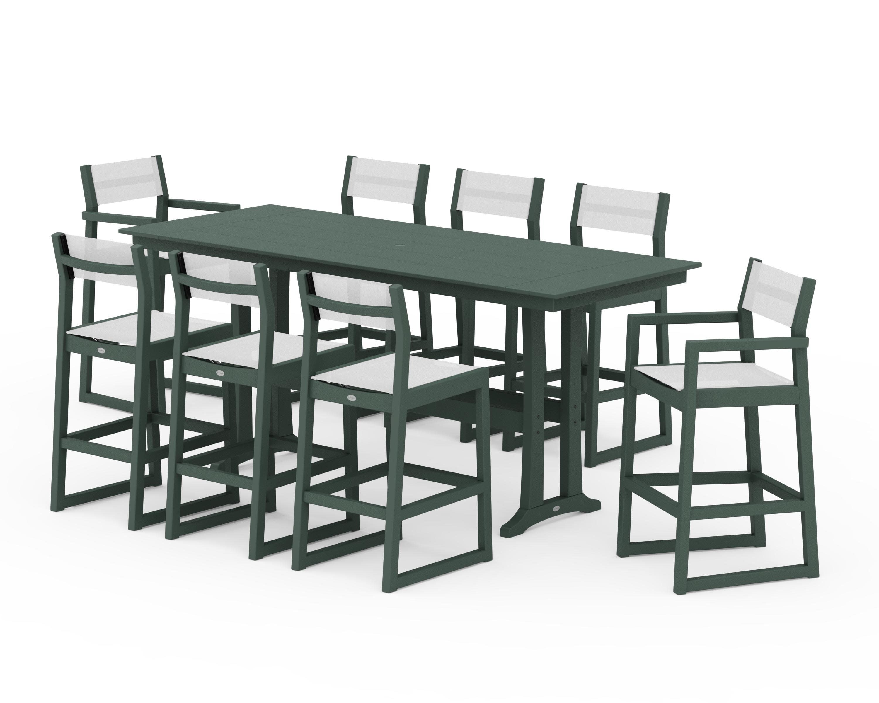 EDGE Sling 9-Piece Farmhouse Bar Set with Trestle Legs in Green / White Sling