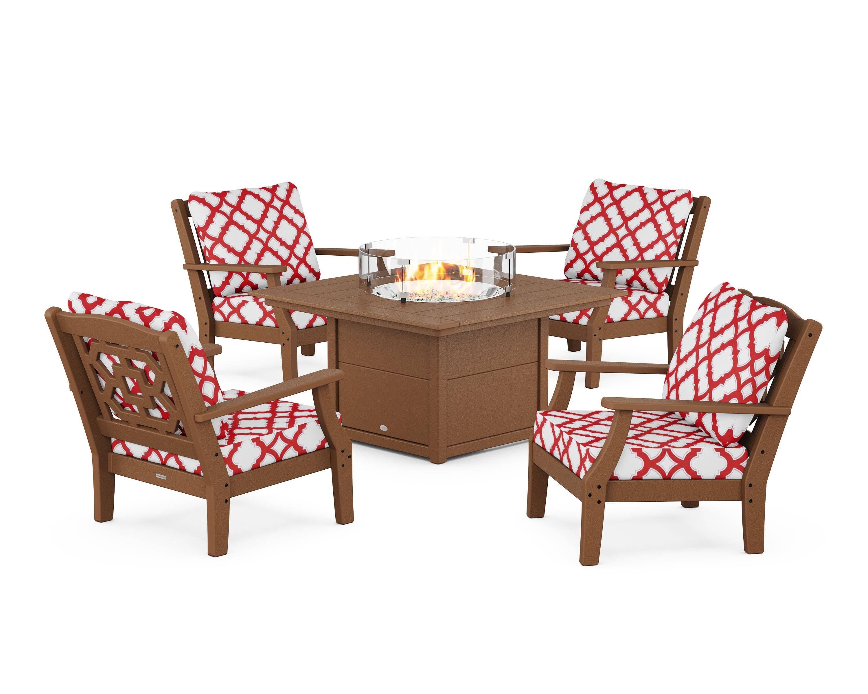 Chinoiserie 5-Piece Deep Seating Set with Fire Pit Table in Teak / Trellis Crimson