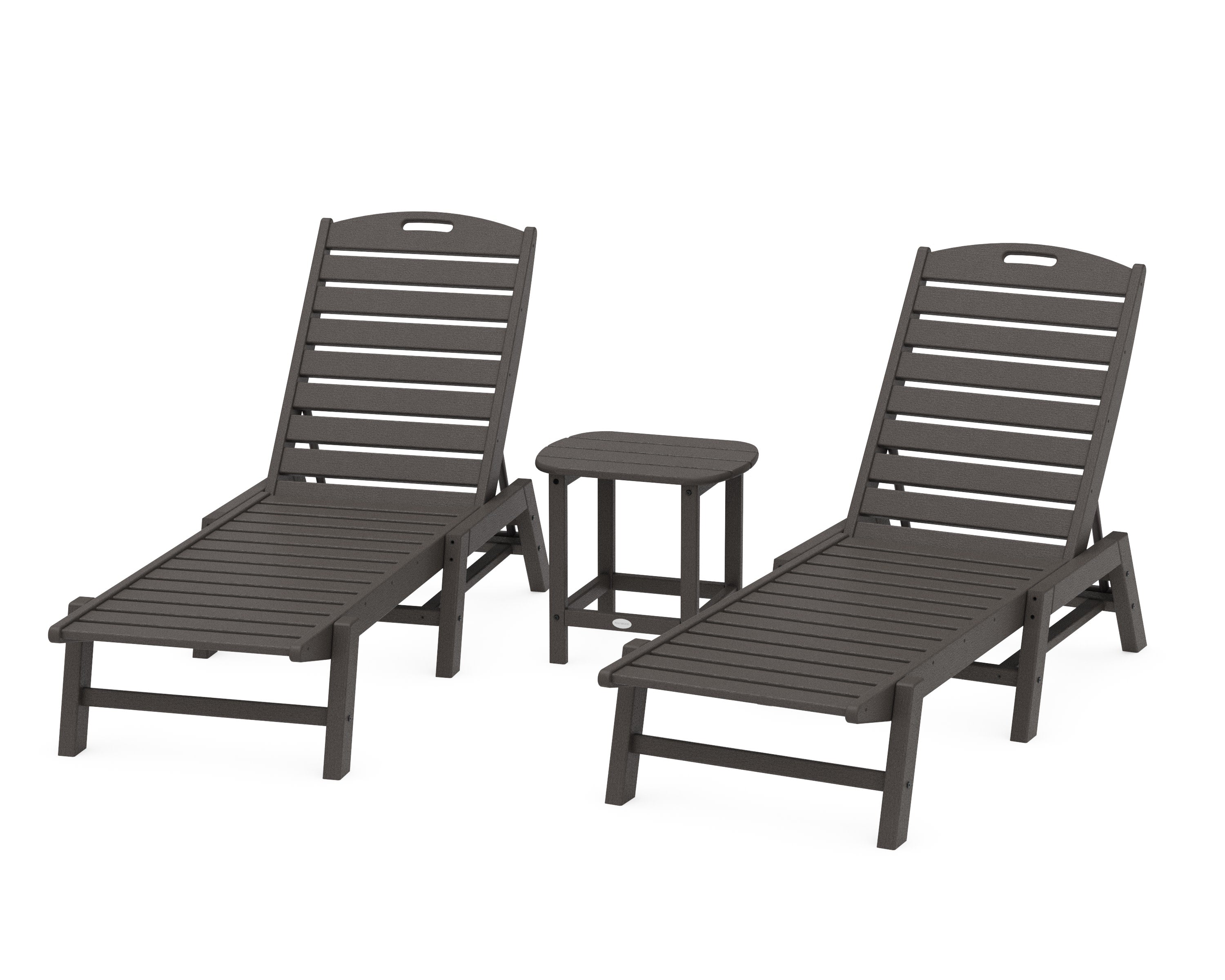 Nautical 3-Piece Chaise Lounge Set with South Beach 18" Side Table in Vintage Coffee