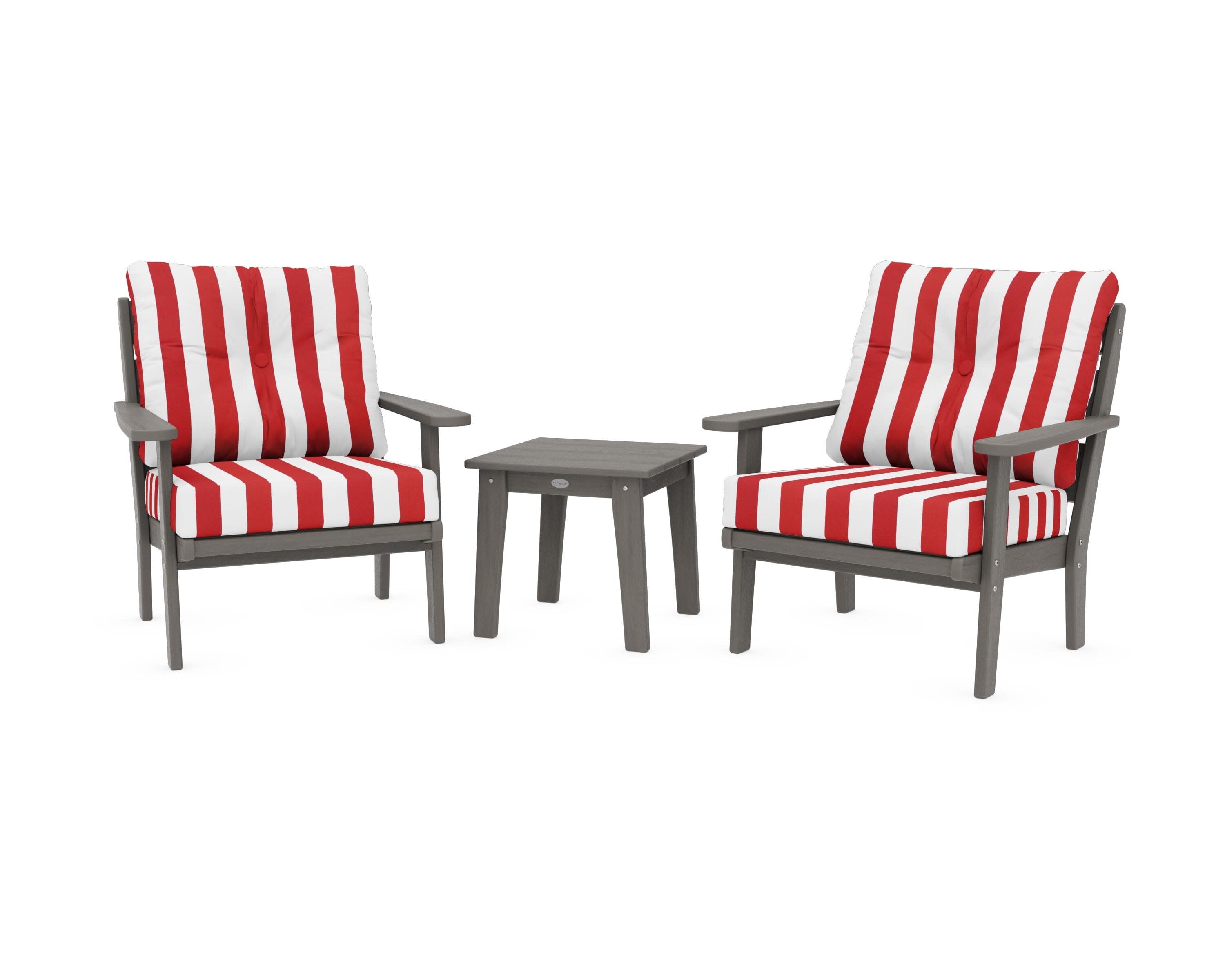 Lakeside 3-Piece Deep Seating Chair Set in Driftwood / Cabana Stripe Crimson