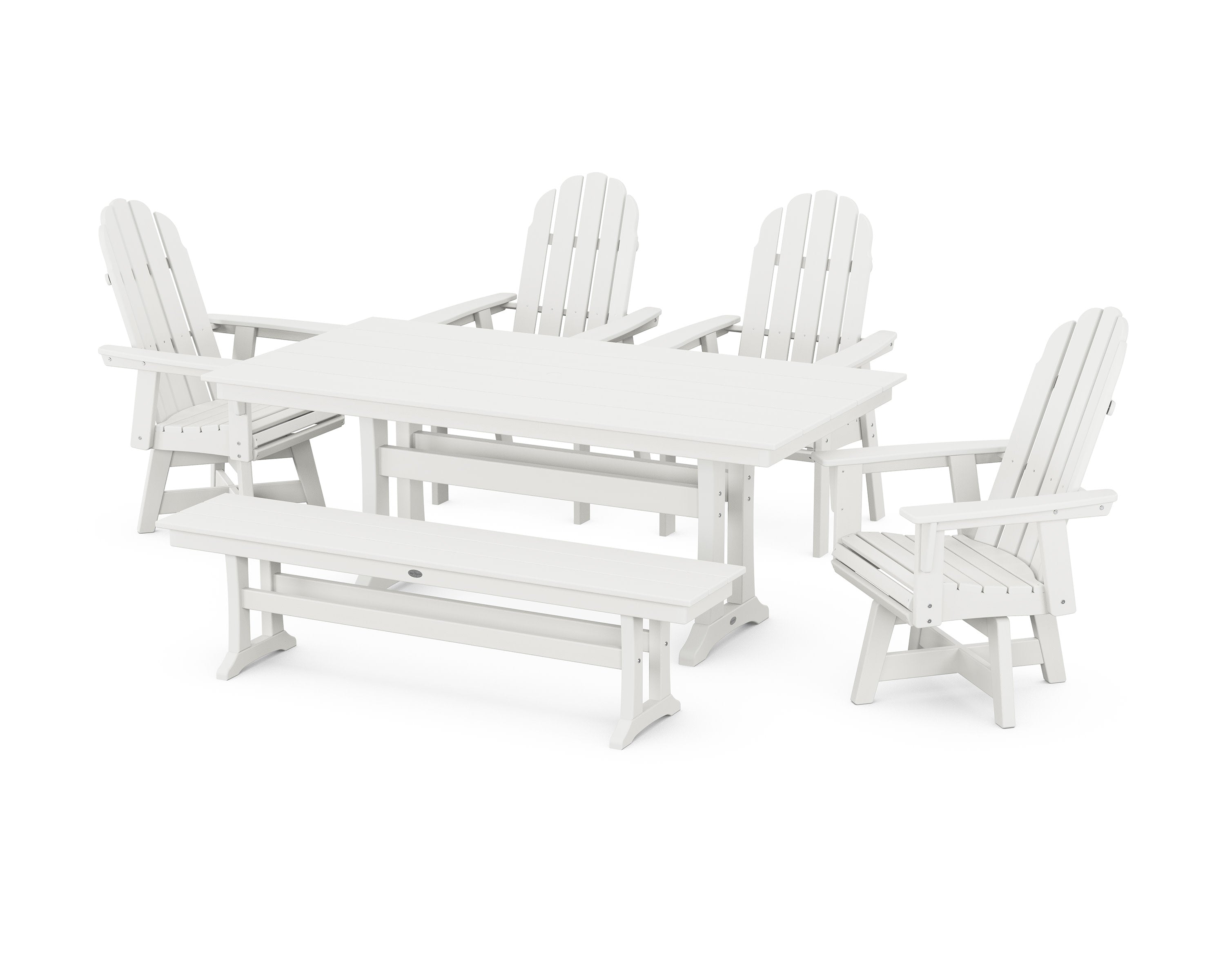 Vineyard Curveback Adirondack 6-Piece Swivel Chair Farmhouse Dining Set with Trestle Legs and Bench in Vintage White