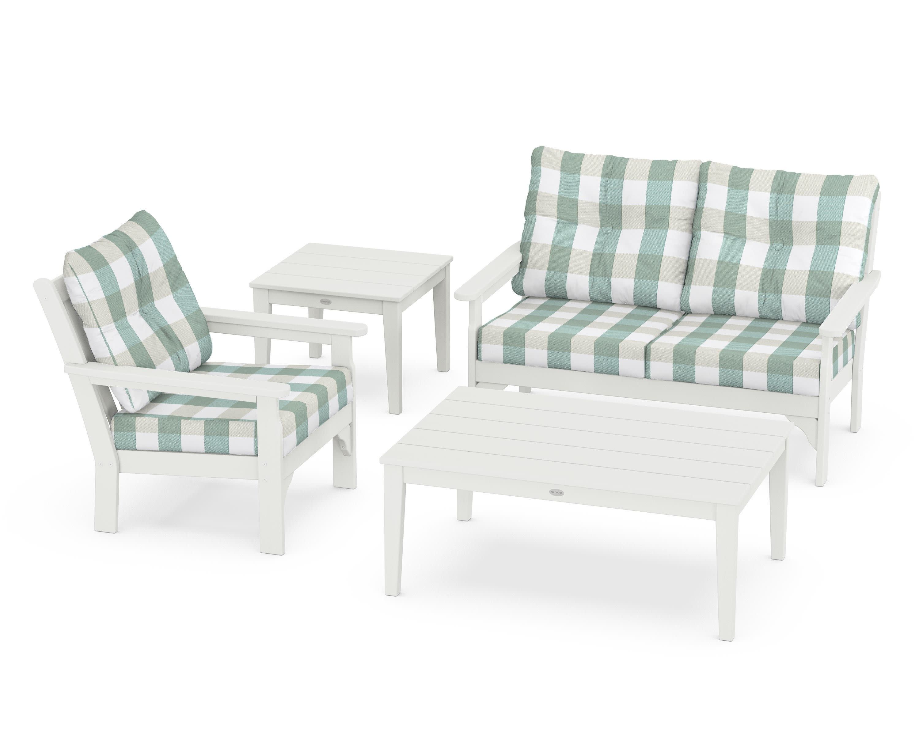 Vineyard 4-Piece Deep Seating Set in Vintage White / Buffalo Plaid Glacier Spa