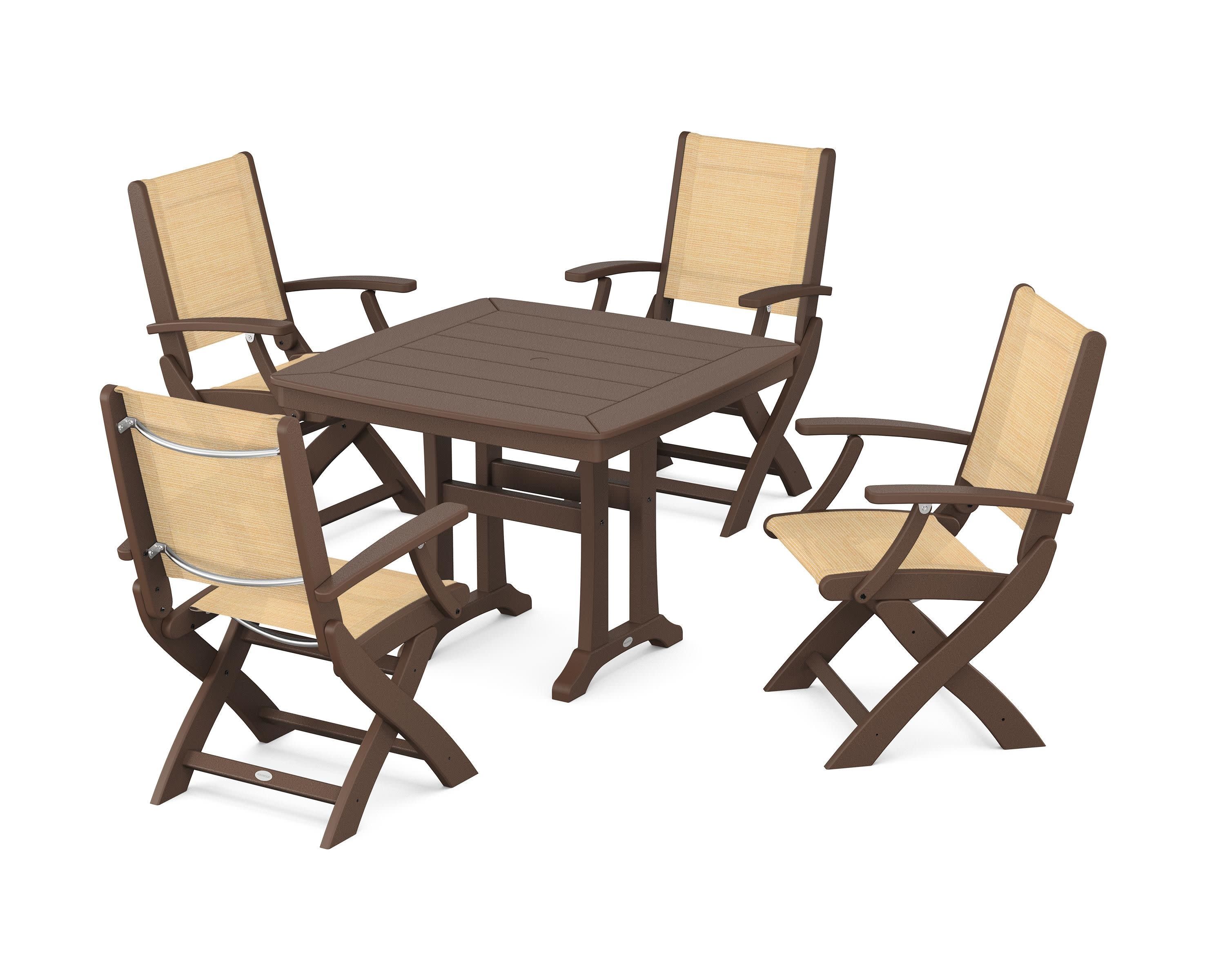 Coastal Folding Chair 5-Piece Dining Set with Trestle Legs in Mahogany / Dupioni Apricot Sling