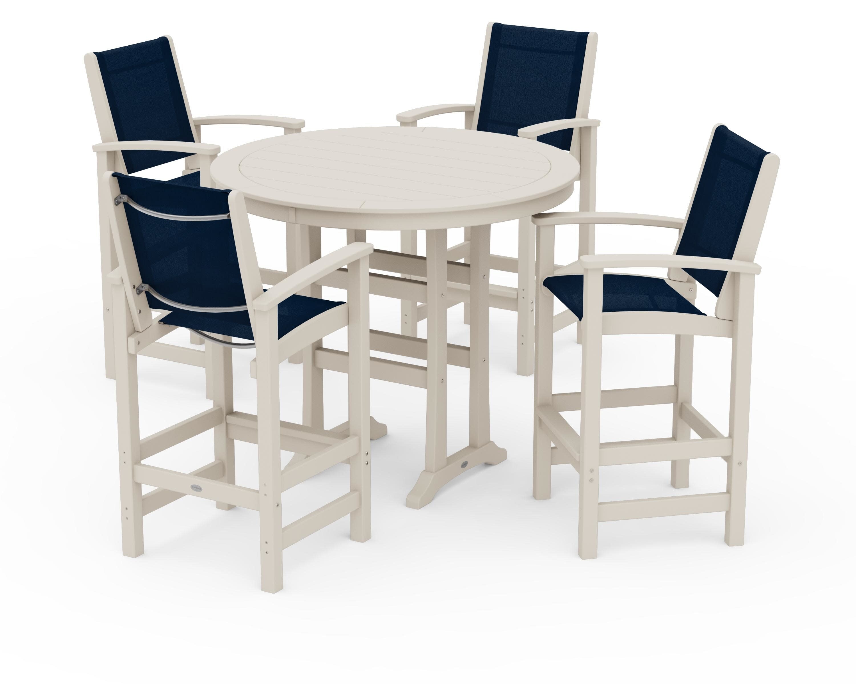 Coastal 5-Piece Nautical Trestle Bar Set in Sand / Navy Blue Sling