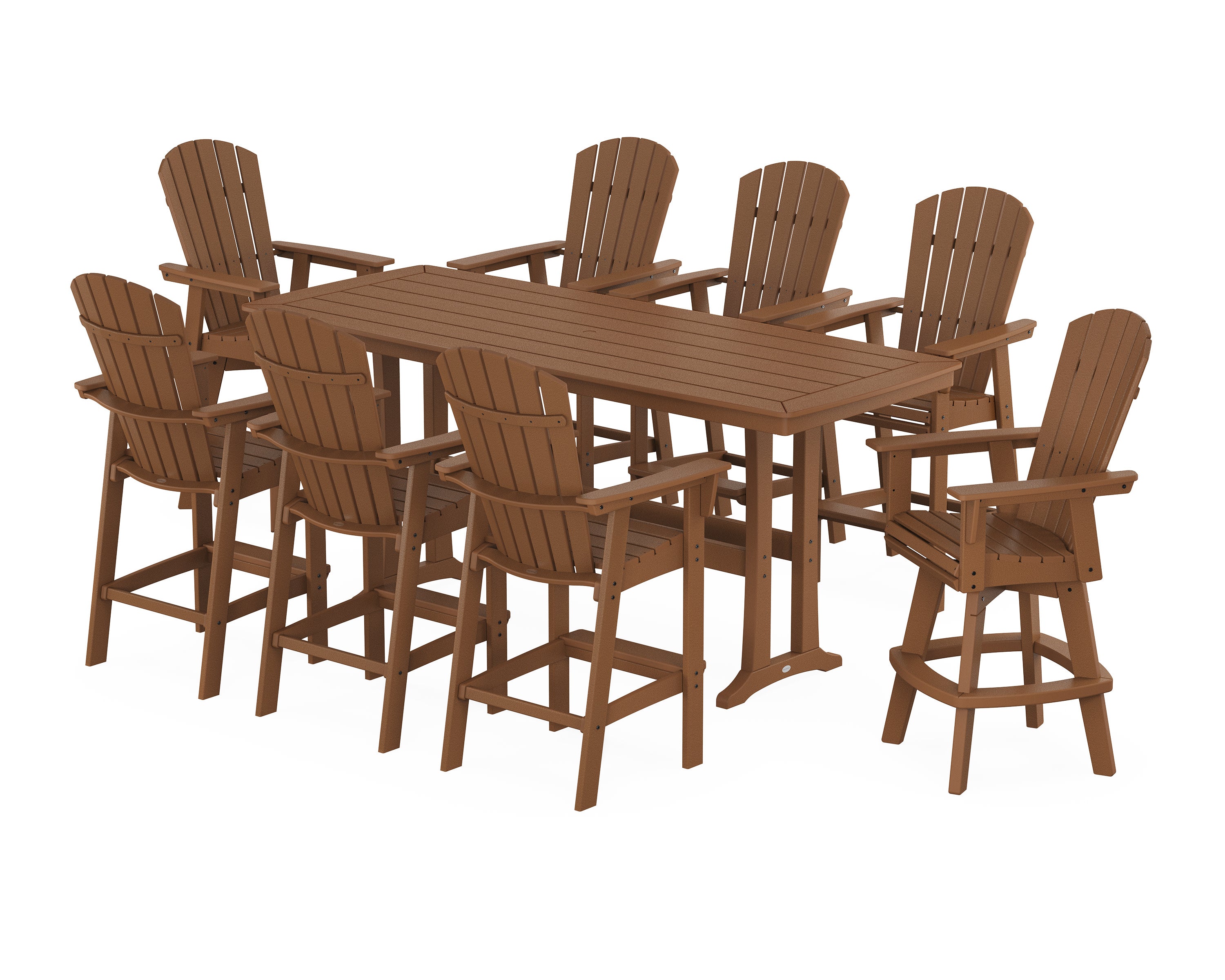 Nautical Curveback Adirondack Swivel 9-Piece Bar Set with Trestle Legs in Teak