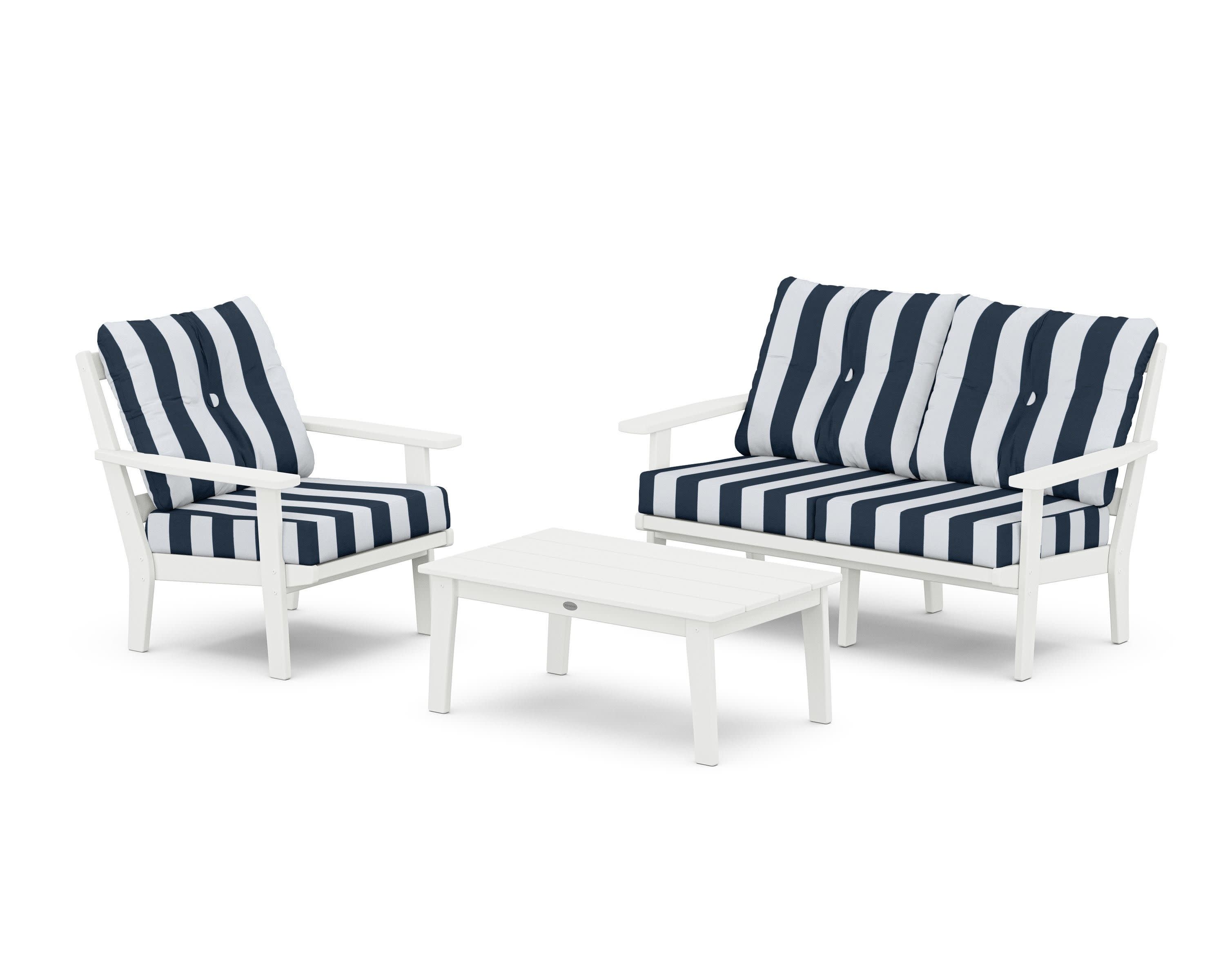 Oxford 3-Piece Deep Seating Set with Loveseat in White / Cabana Stripe Marine Indigo