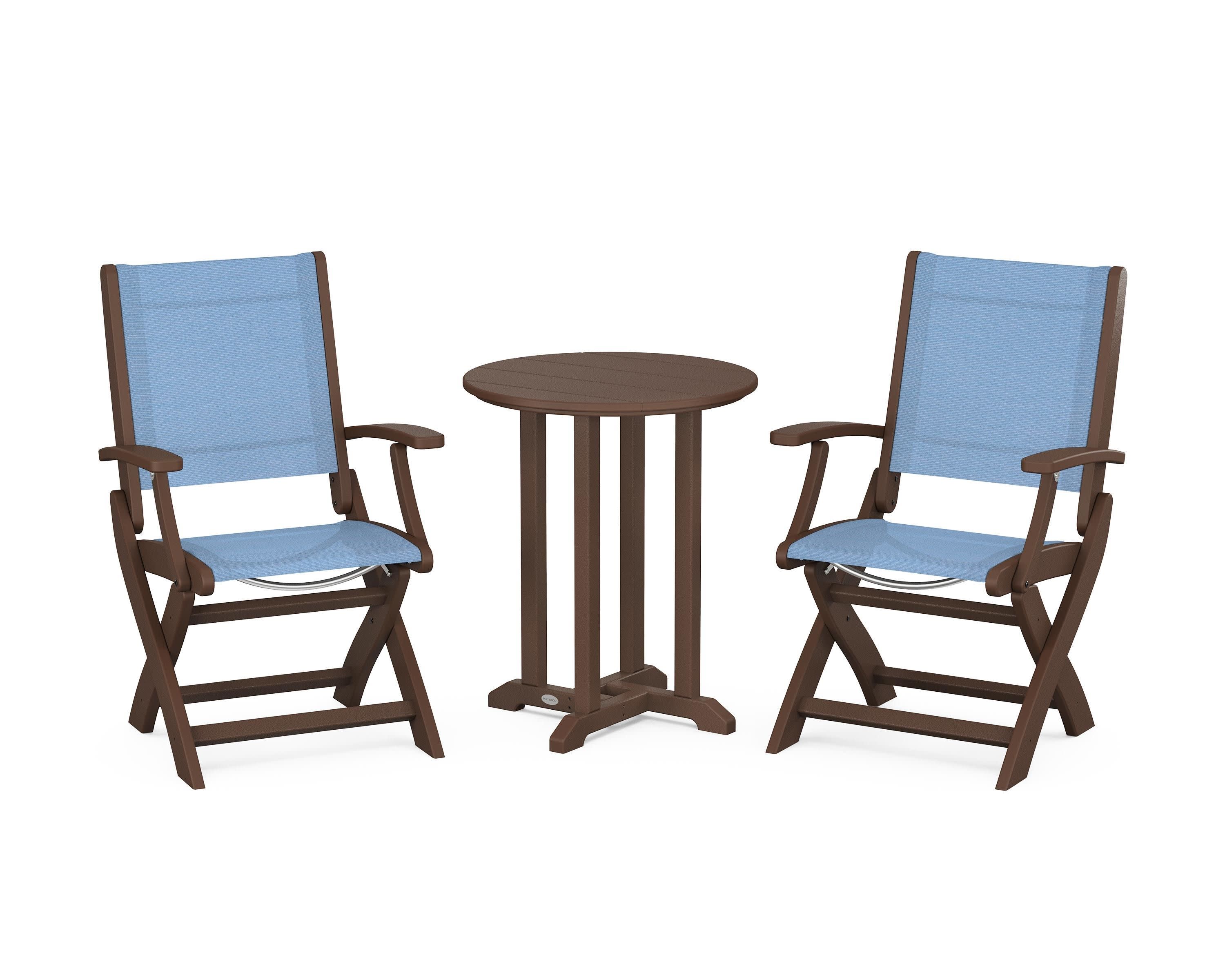 Coastal Folding 3-Piece Round Bistro Dining Set in Mahogany / Poolside Sling