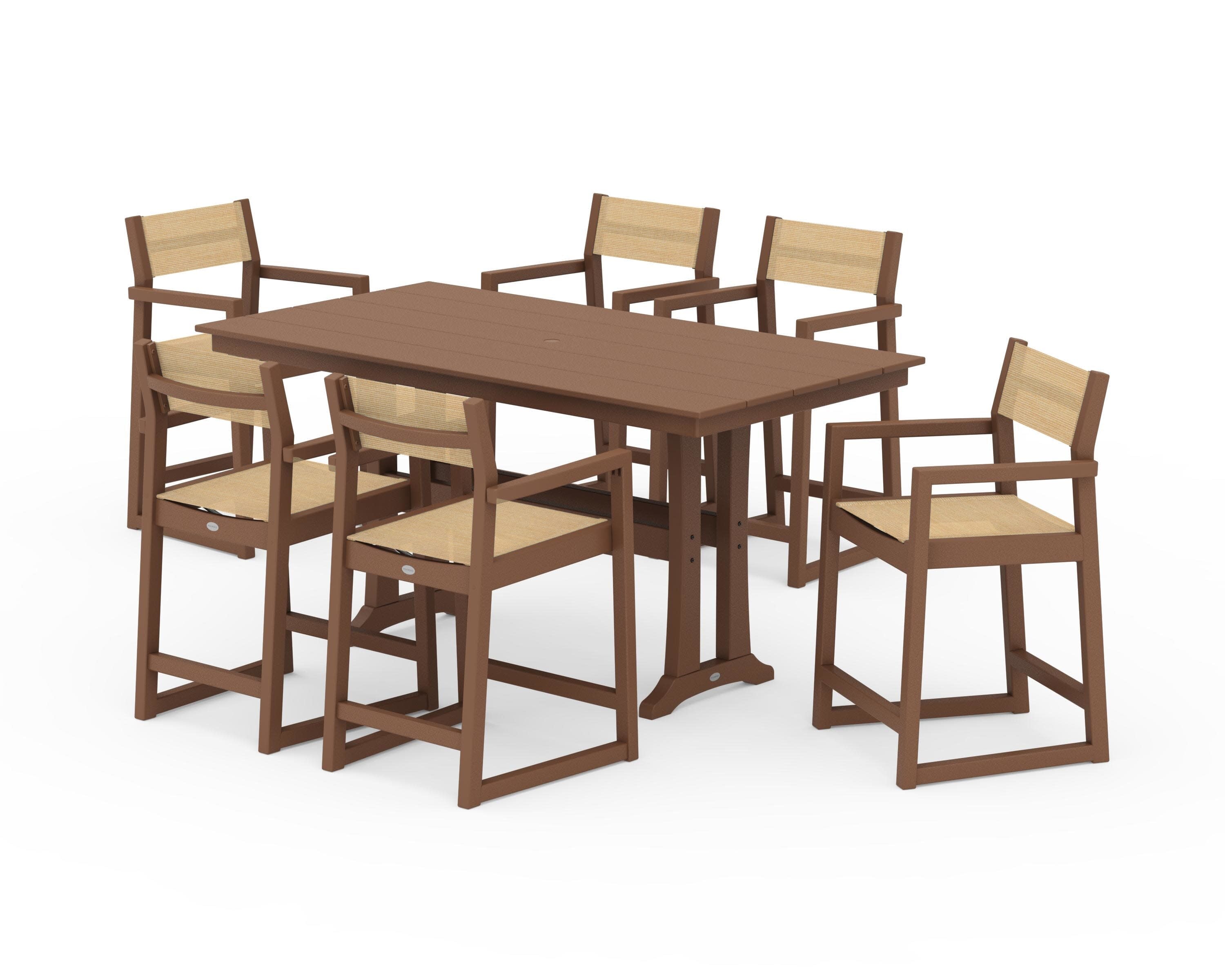 EDGE Sling Arm Chair 7-Piece Farmhouse Counter Set with Trestle Legs in Teak / Dupioni Apricot Sling