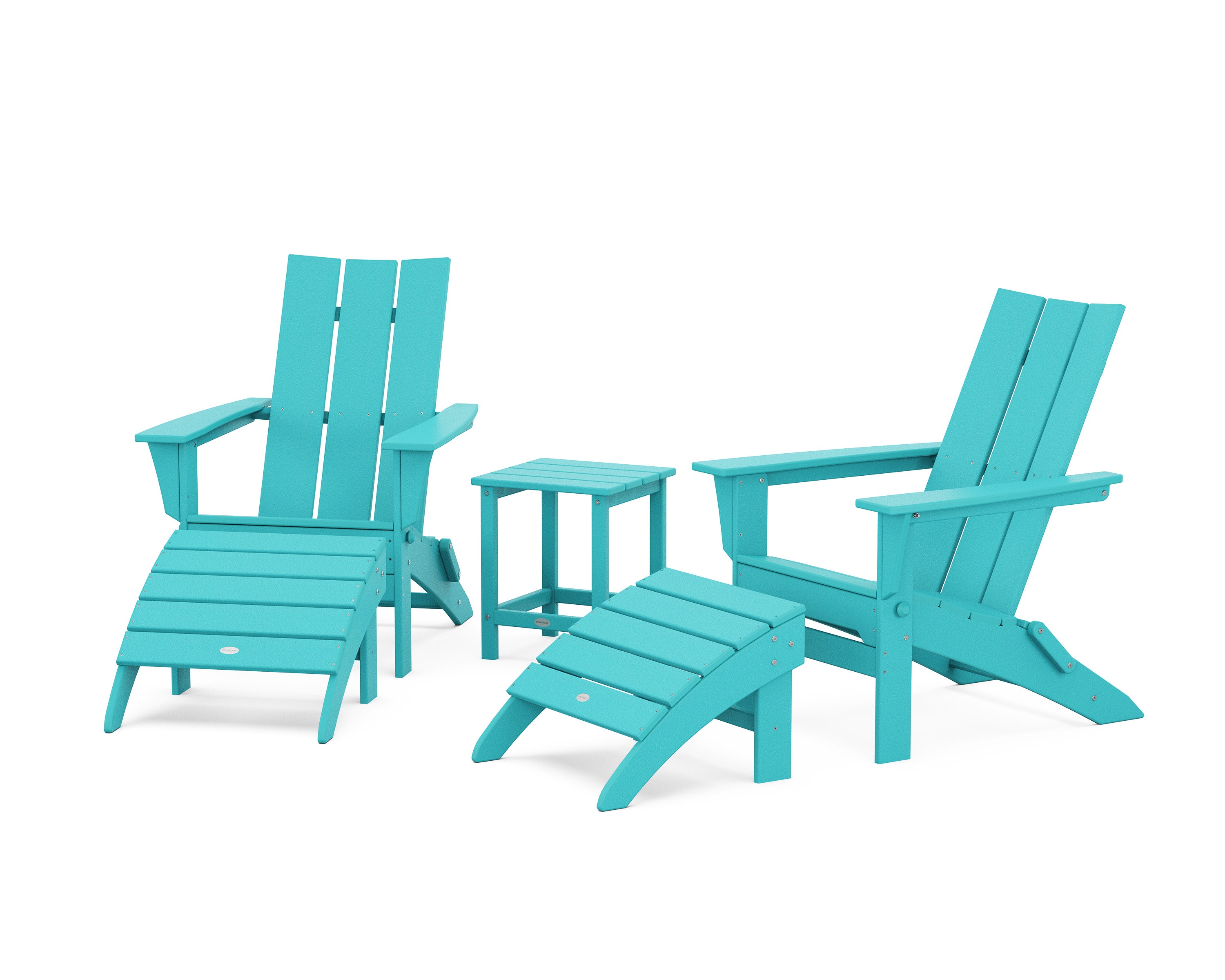 Modern Folding Adirondack Chair 5-Piece Set with Ottomans and 18" Side Table in Aruba