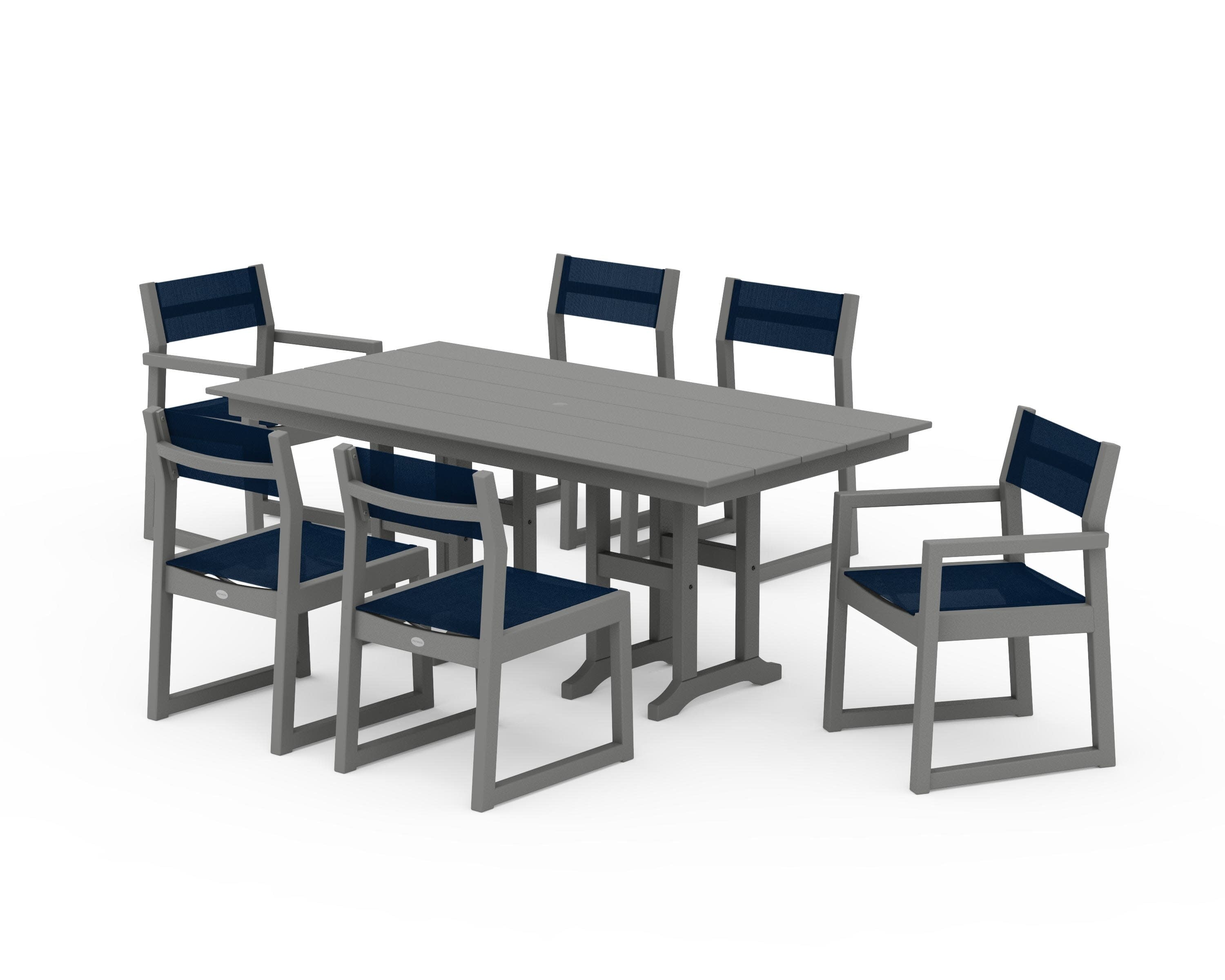 EDGE Sling 7-Piece Farmhouse Dining Set in Slate Grey / Navy Blue Sling