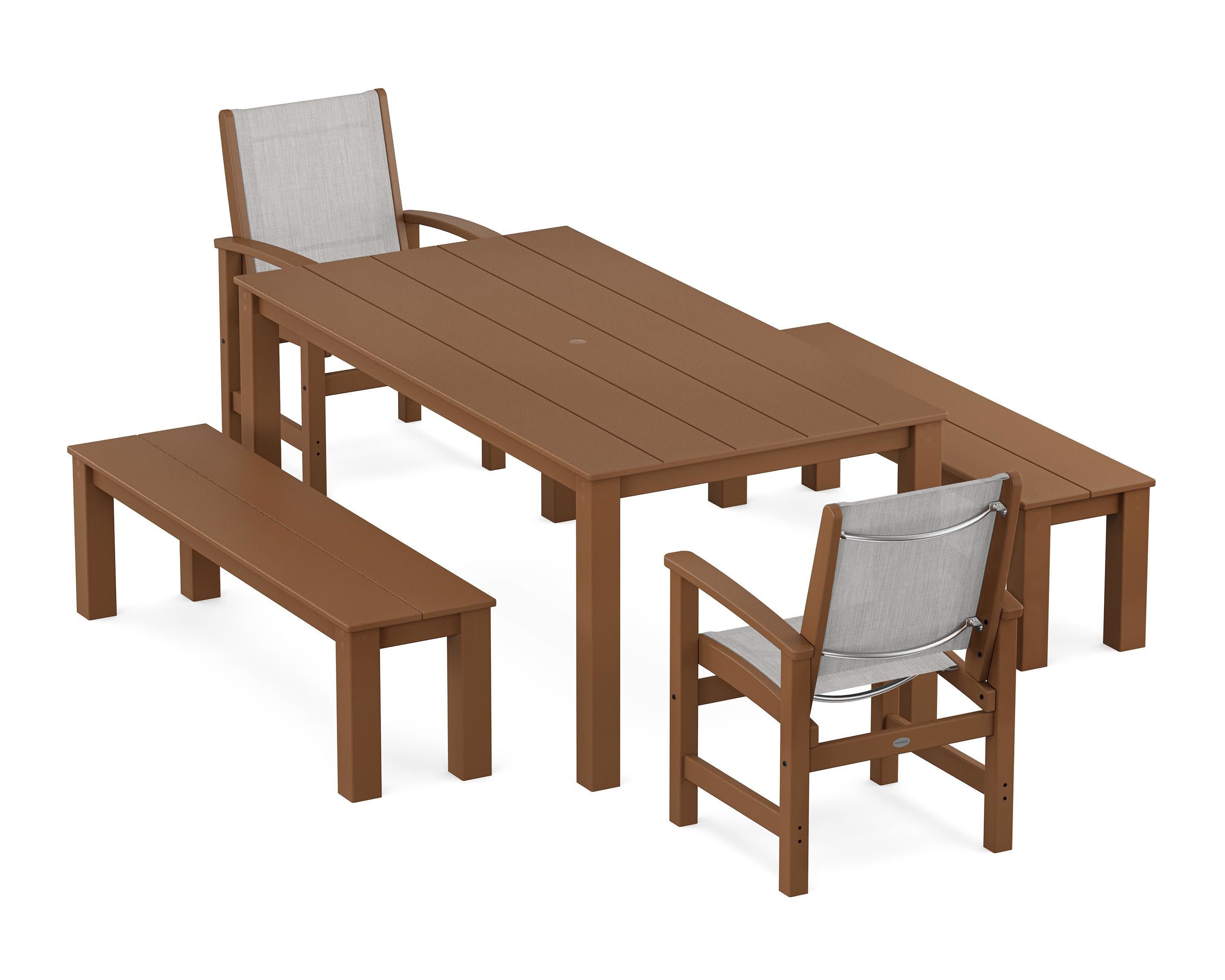 Coastal 5-Piece Parsons Dining Set with Benches in Teak / Parchment Sling