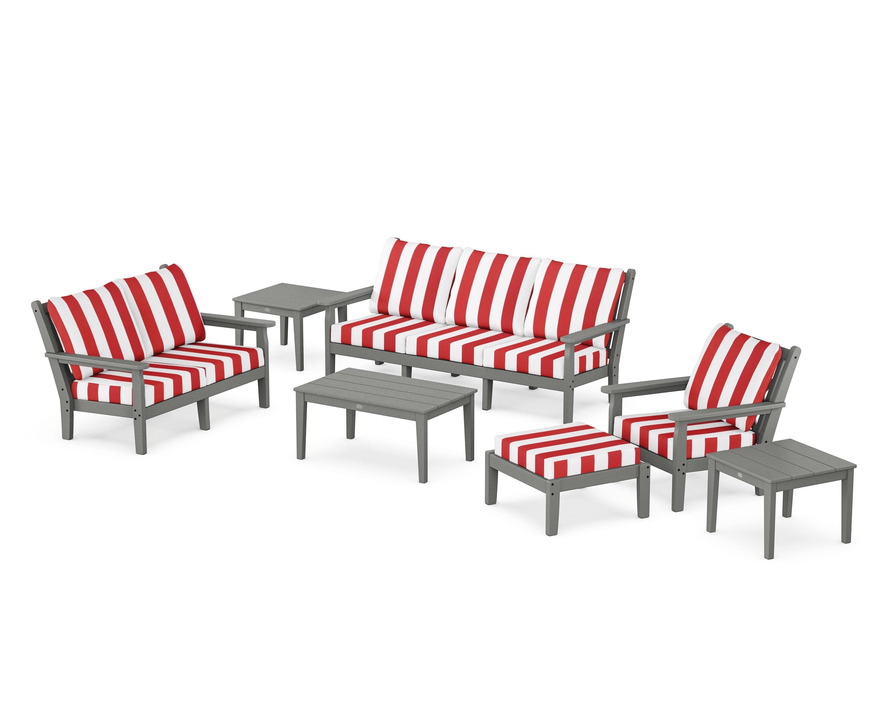 Chippendale 7-Piece Deep Seating Set in Slate Grey / Cabana Stripe Crimson