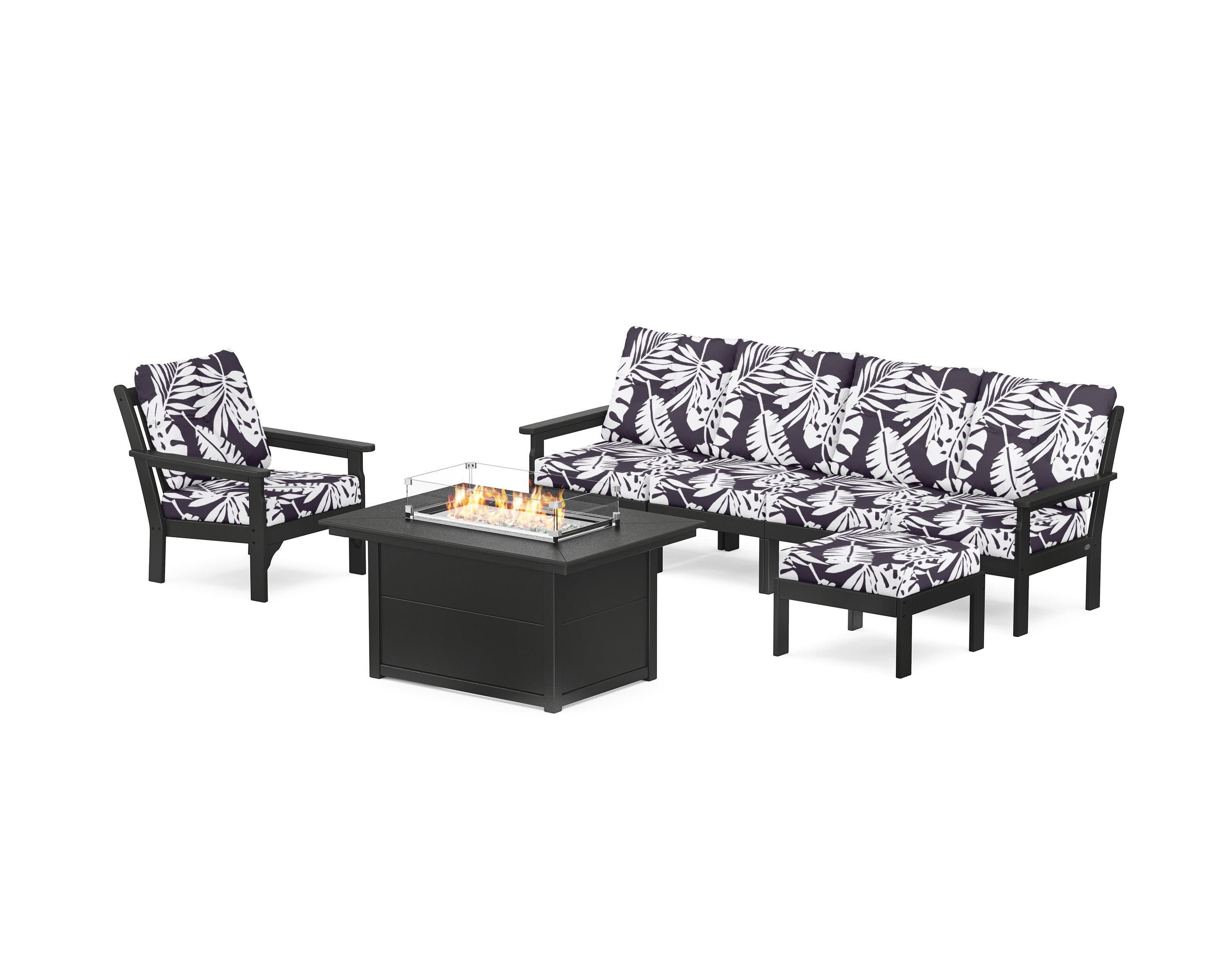Vineyard Sectional Lounge and Fire Pit Set in Black / Leaf Navy