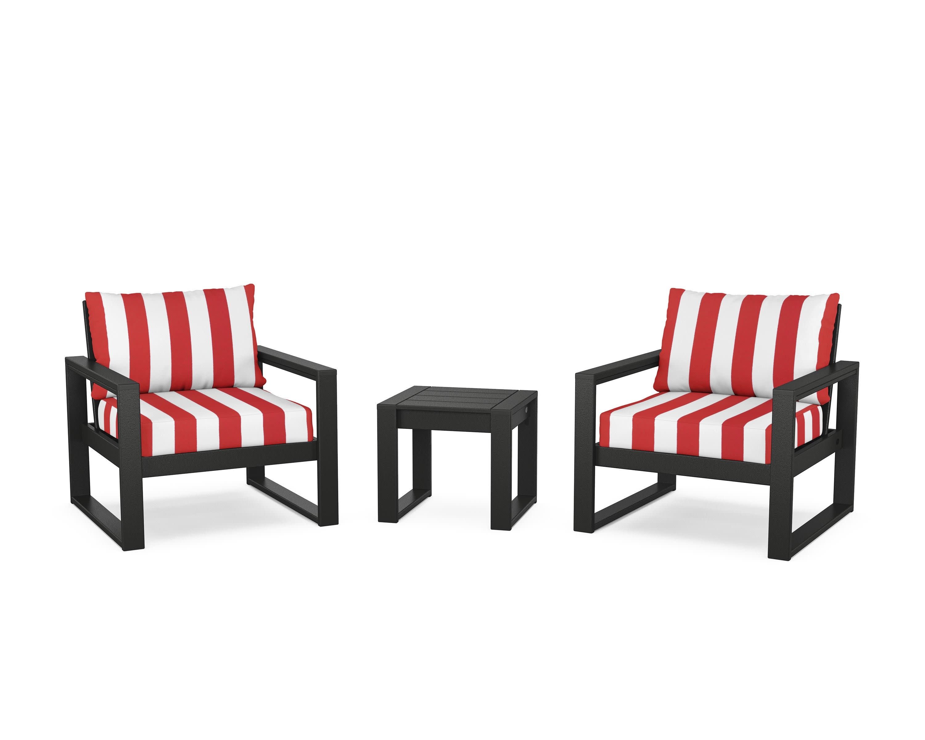 EDGE Sectional 3-Piece Deep Seating Set in Black / Cabana Stripe Crimson