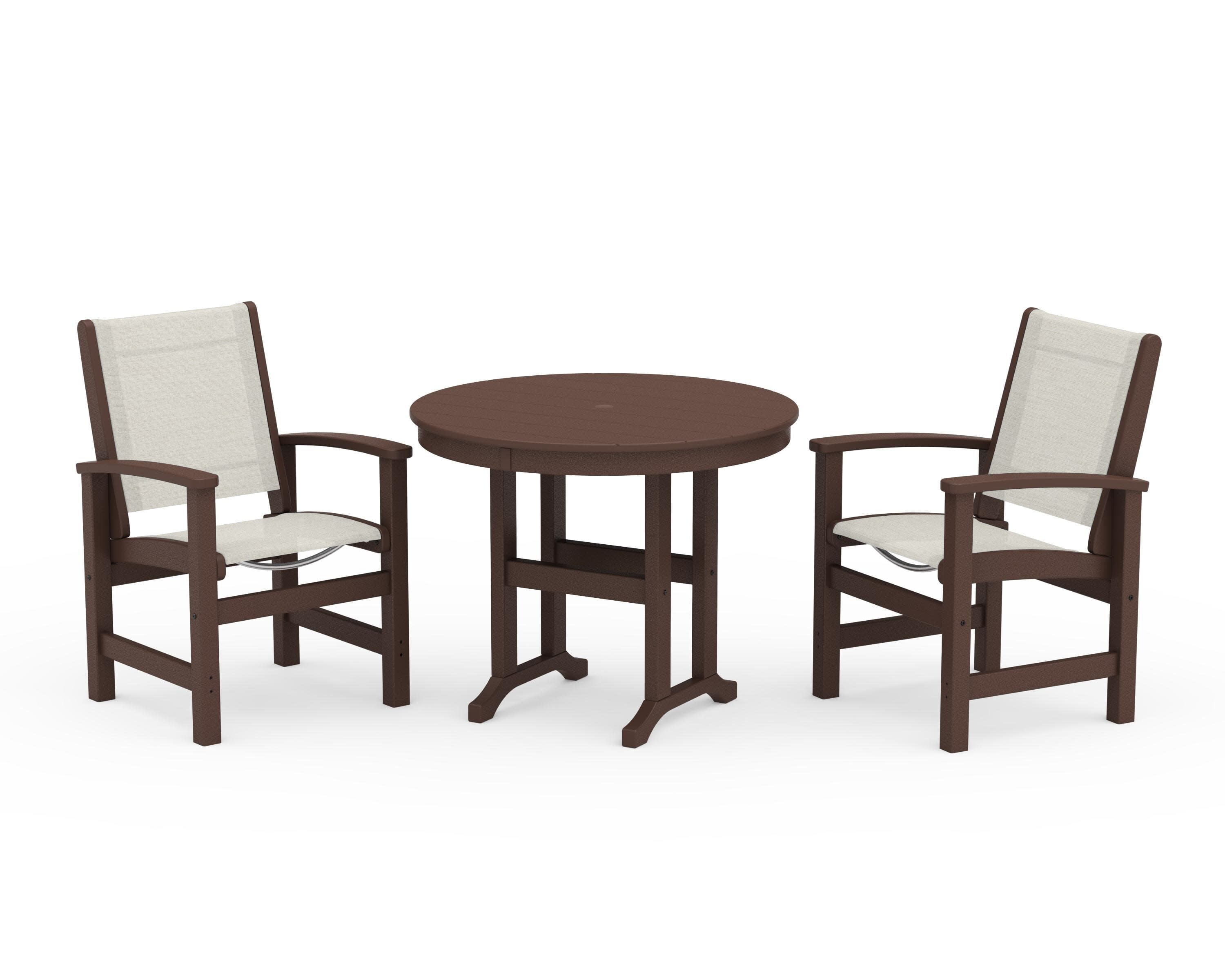 Coastal 3-Piece Round Dining Set in Mahogany / Parchment Sling