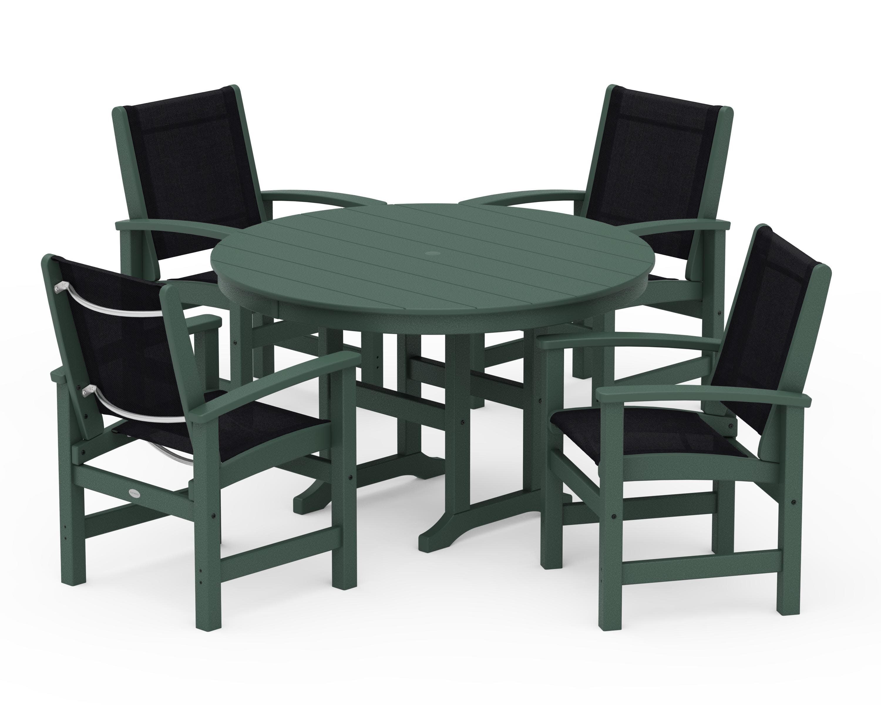 Coastal 5-Piece Round Farmhouse Dining Set in Green / Black Sling