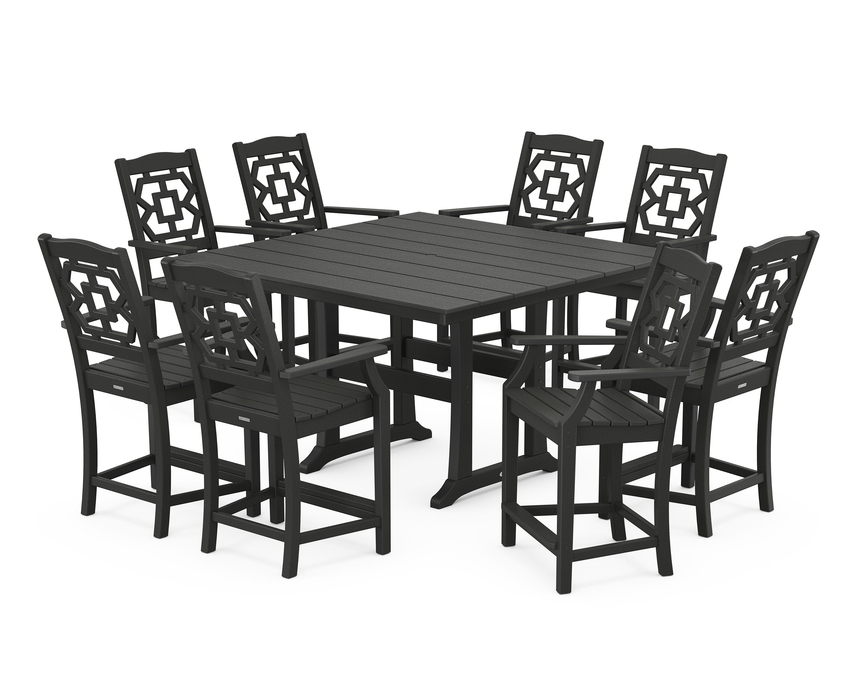 Chinoiserie 9-Piece Square Farmhouse Counter Set with Trestle Legs in Black