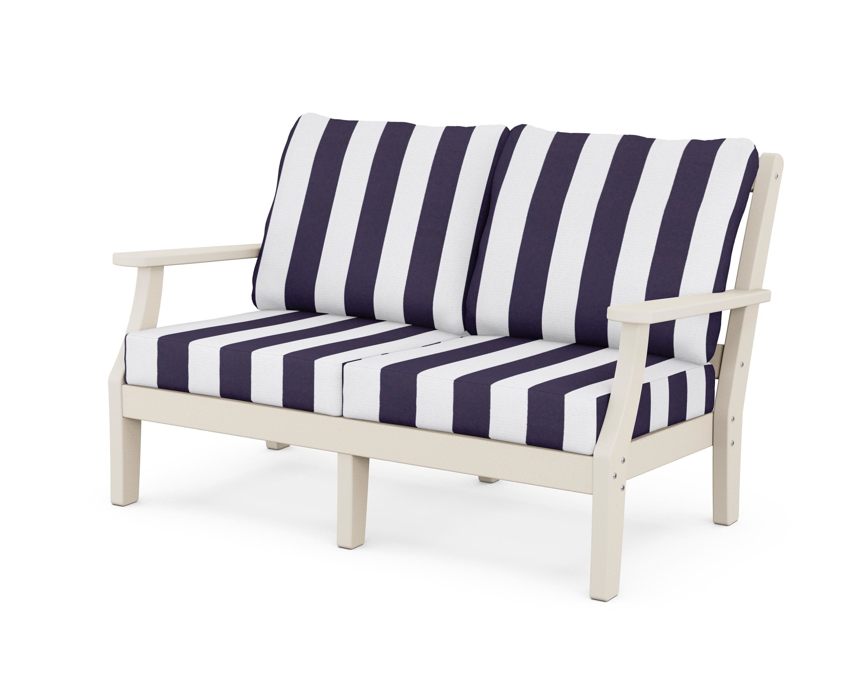 Chinoiserie Deep Seating Loveseat in Sand / Cabana Stripe Navy