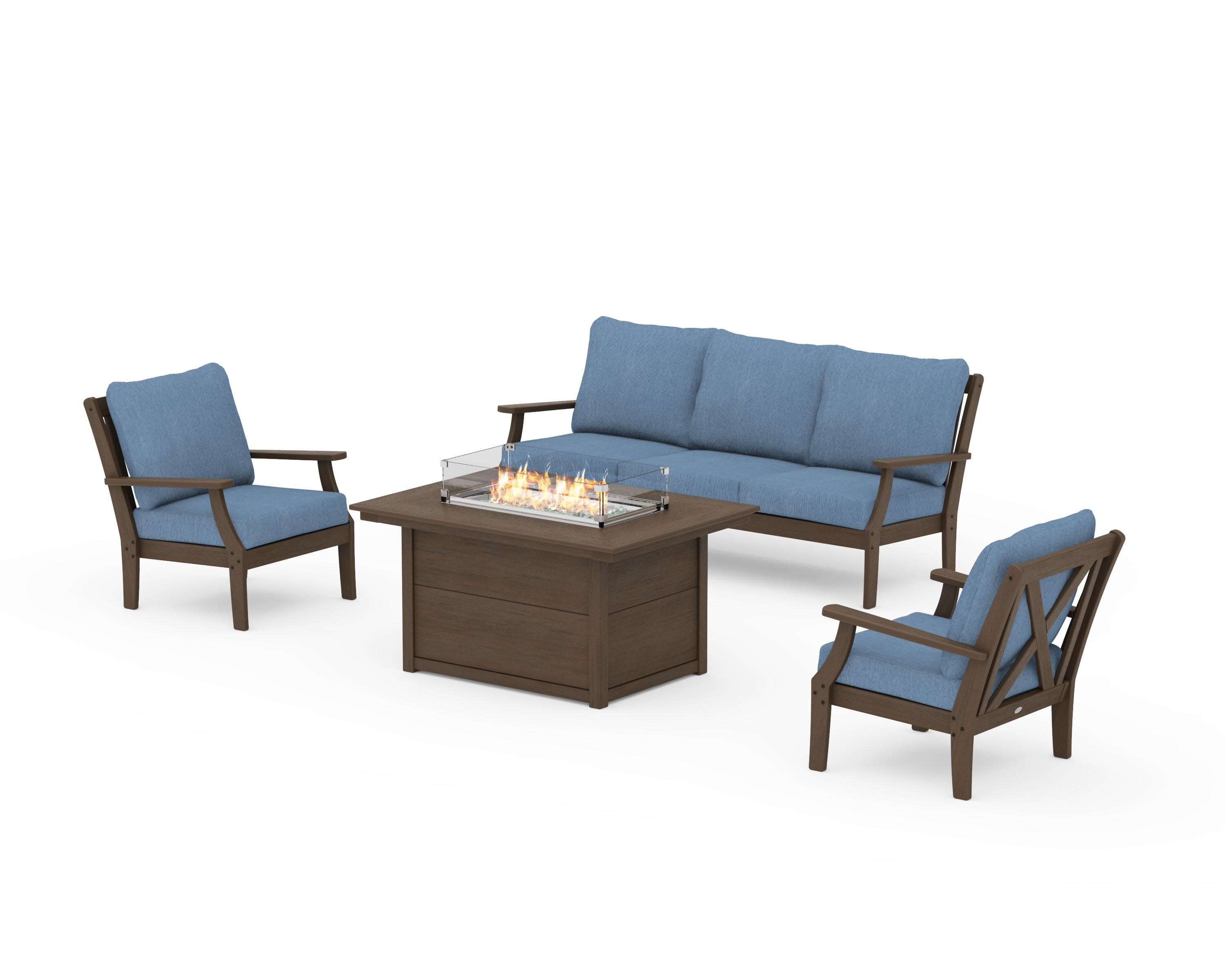 Braxton Deep Seating Fire Pit Table Set in Kona / Sky Blue