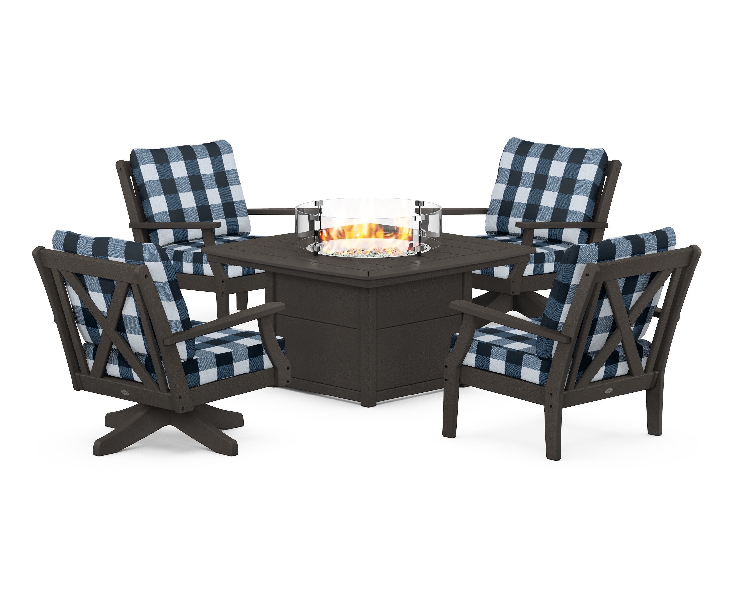 Braxton 5-Piece Deep Seating Set with Fire Table in Vintage Coffee / Buffalo Plaid Marine Indigo