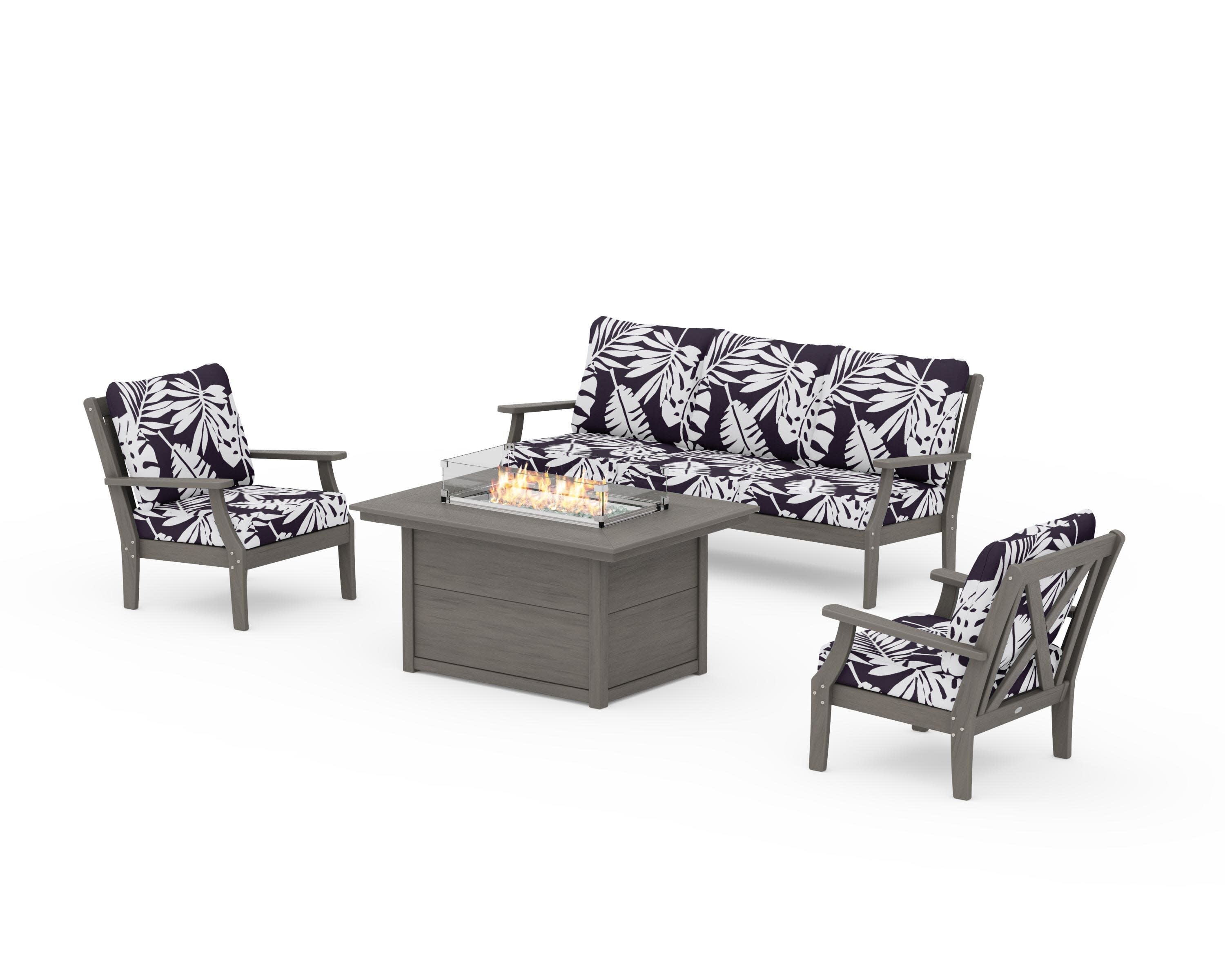 Braxton Deep Seating Fire Pit Table Set in Driftwood / Leaf Navy