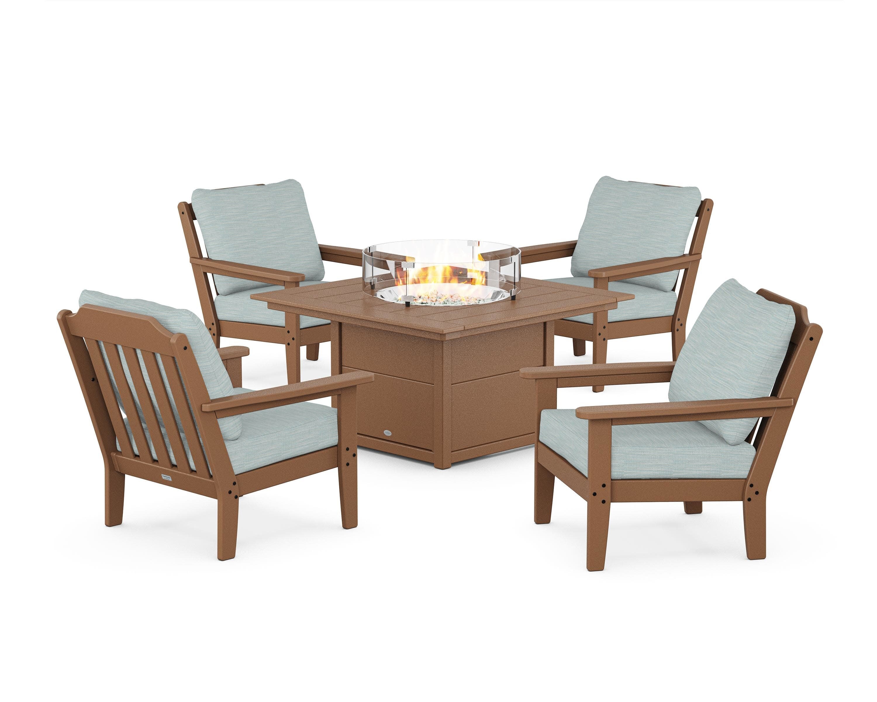 Cottage 5-Piece Deep Seating Set with Fire Pit Table in Teak / Soothe Mist