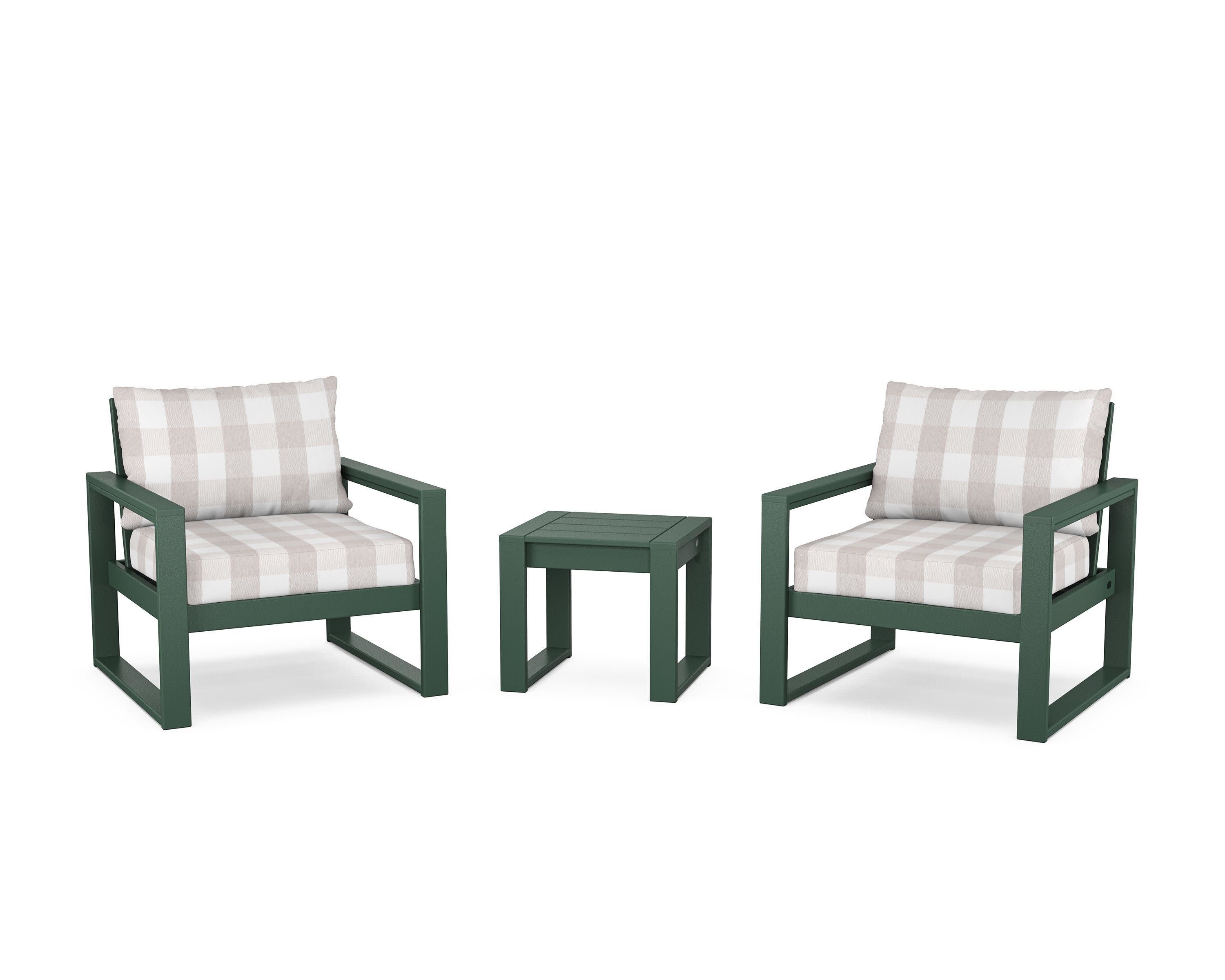 EDGE Sectional 3-Piece Deep Seating Set in Green / Buffalo Plaid Dune Burlap