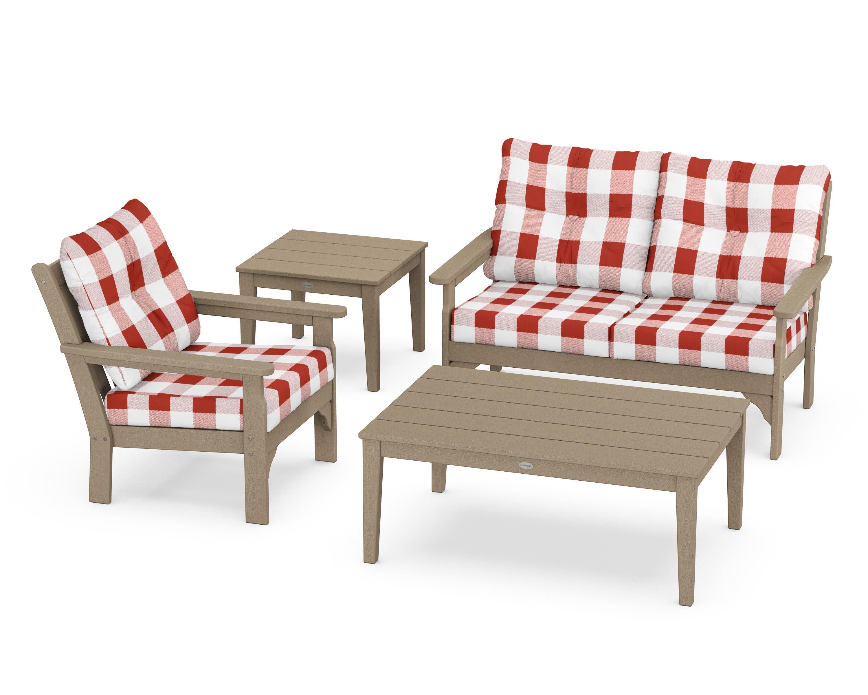Vineyard 4-Piece Deep Seating Set in Vintage Sahara / Buffalo Plaid Crimson