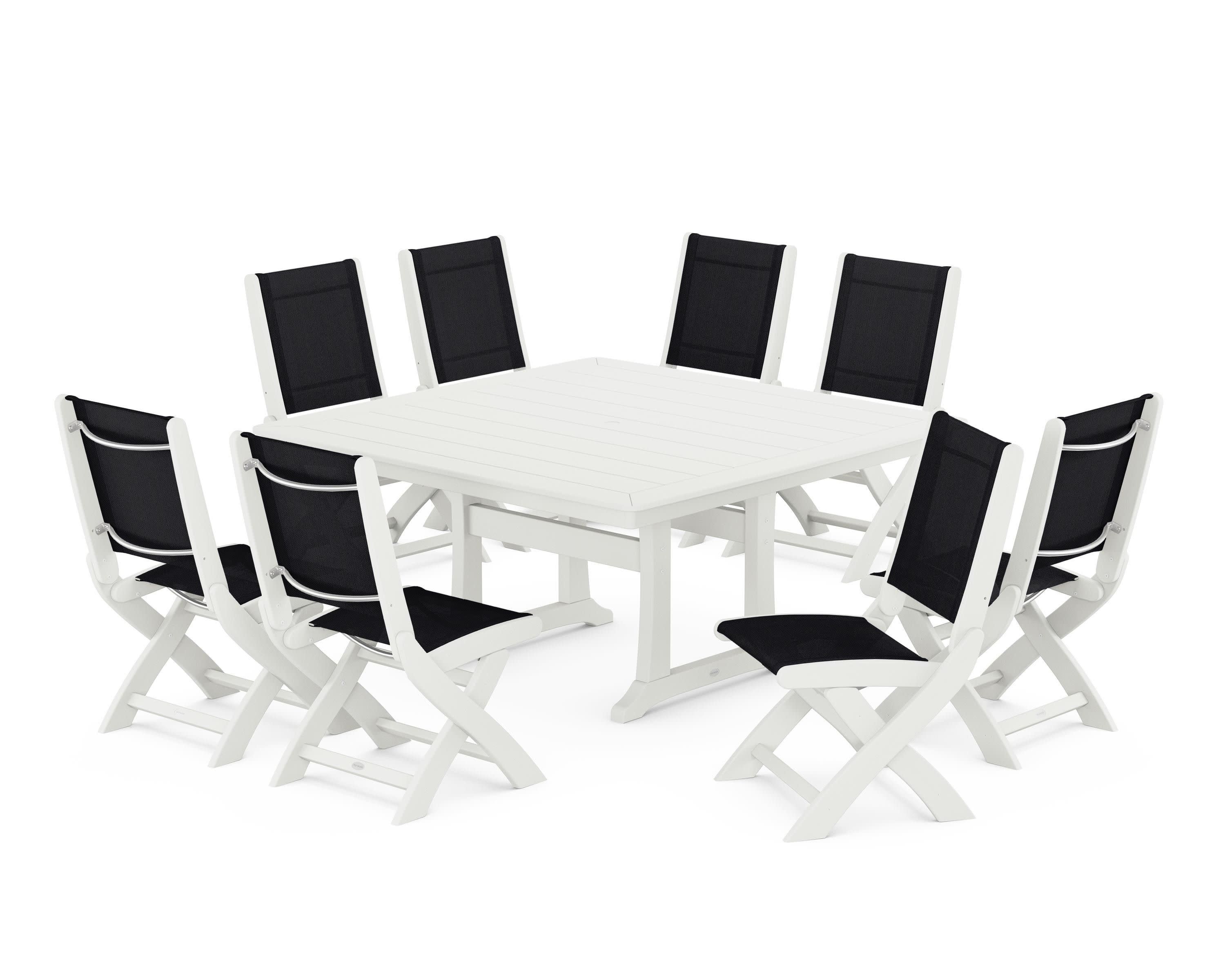 Coastal Folding Side Chair 9-Piece Dining Set with Trestle Legs in Vintage White / Black Sling