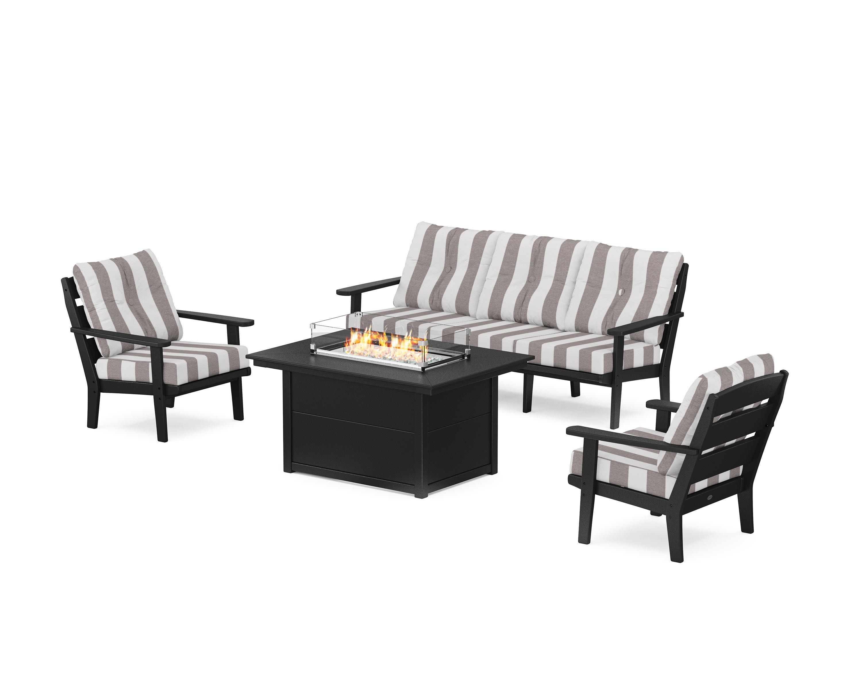 Lakeside Deep Seating Fire Pit Table Set in Black / Cabana Stripe Grey Mist