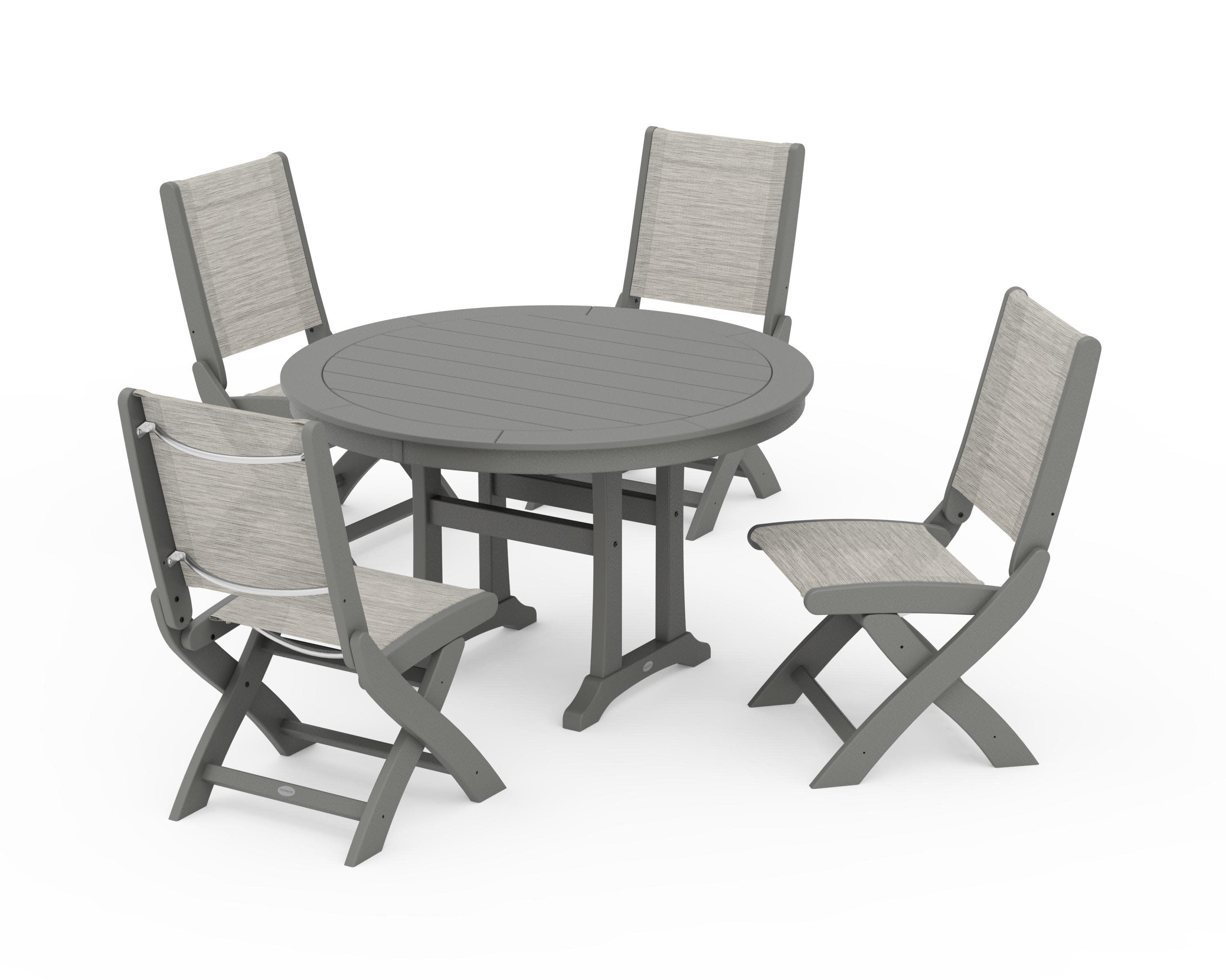 Coastal Folding Side Chair 5-Piece Round Dining Set With Trestle Legs in Slate Grey / Birch Sling