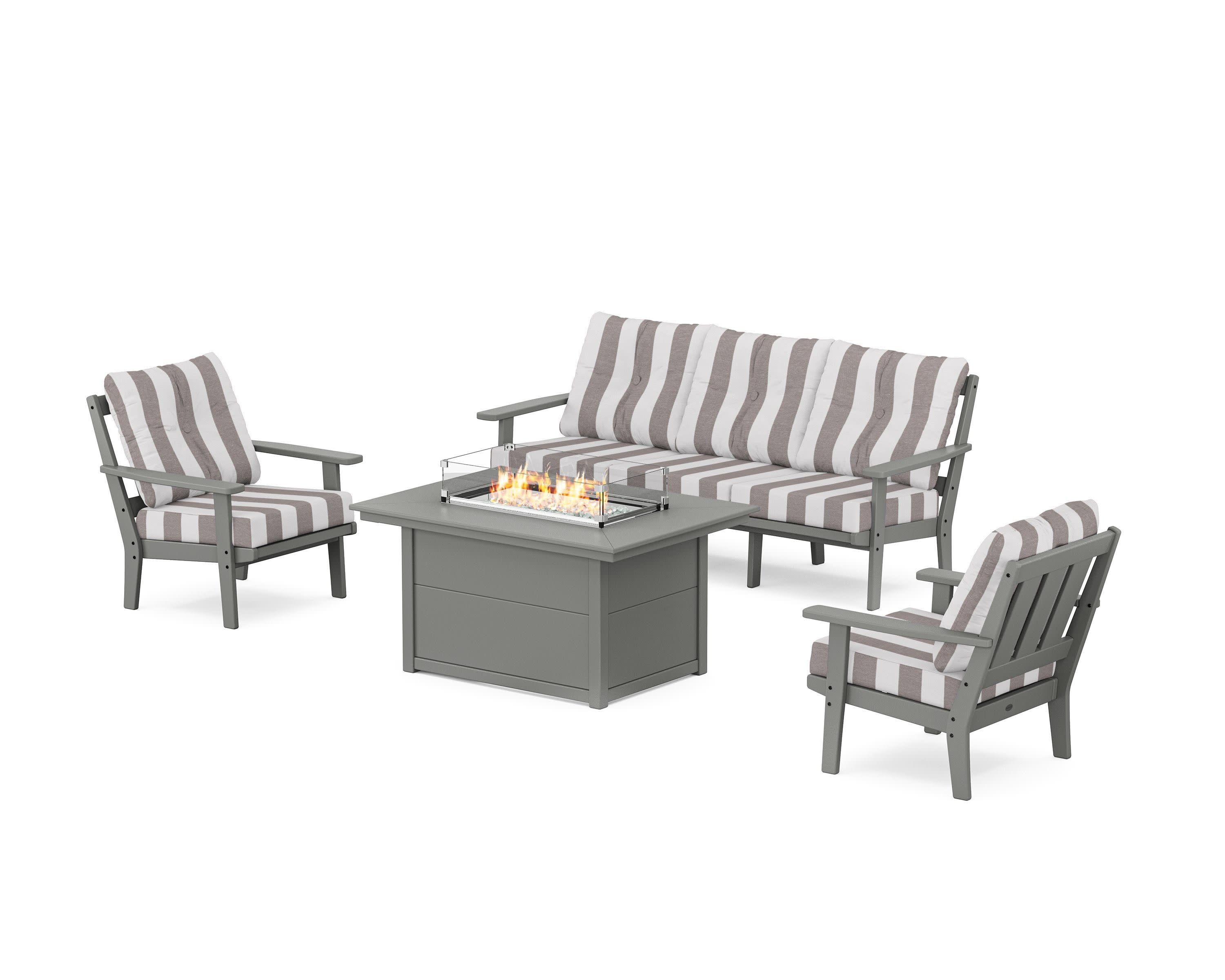 Oxford Deep Seating Fire Pit Table Set in Slate Grey / Cabana Stripe Grey Mist