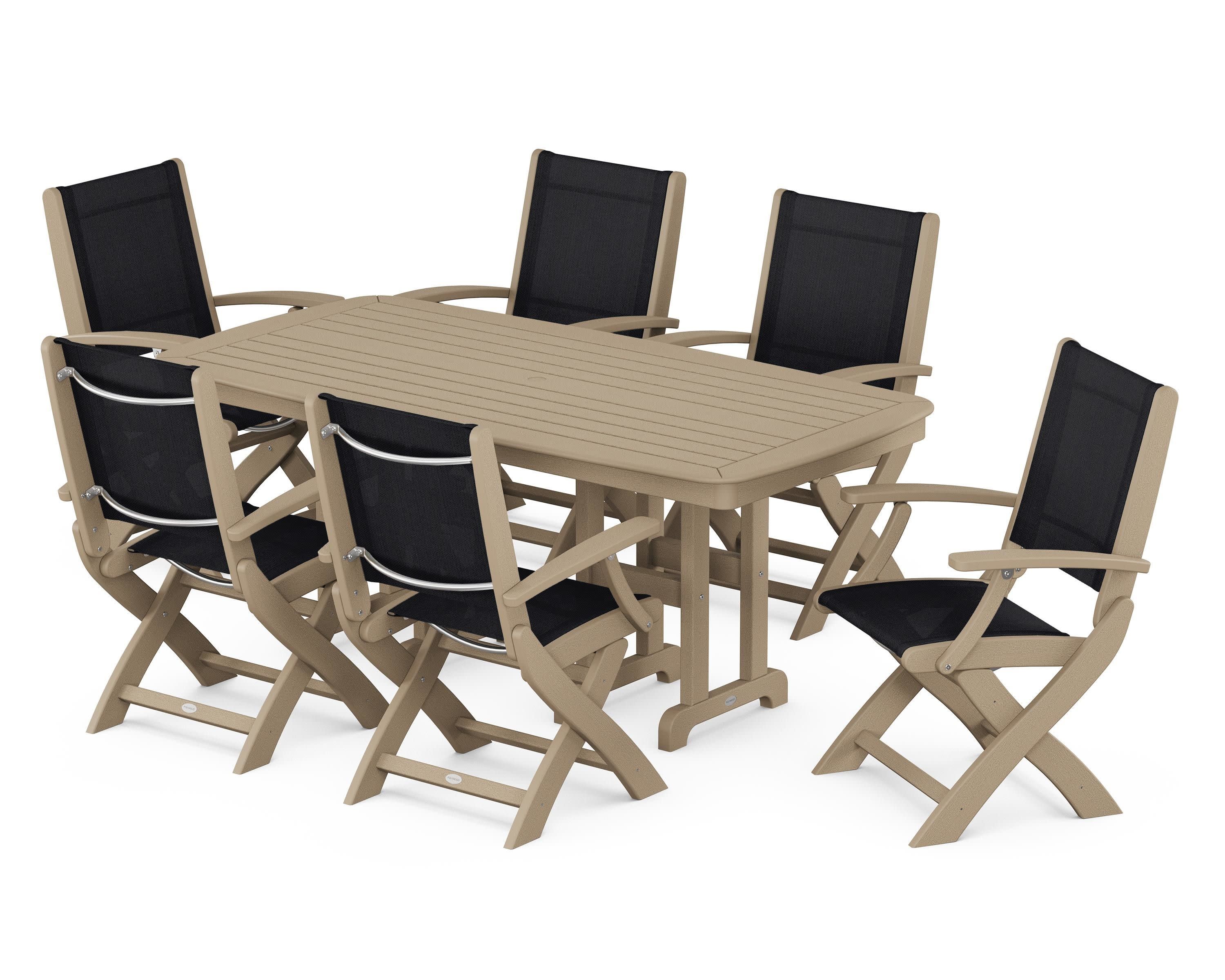 Coastal Folding Arm Chair 7-Piece Dining Set in Vintage Sahara / Black Sling