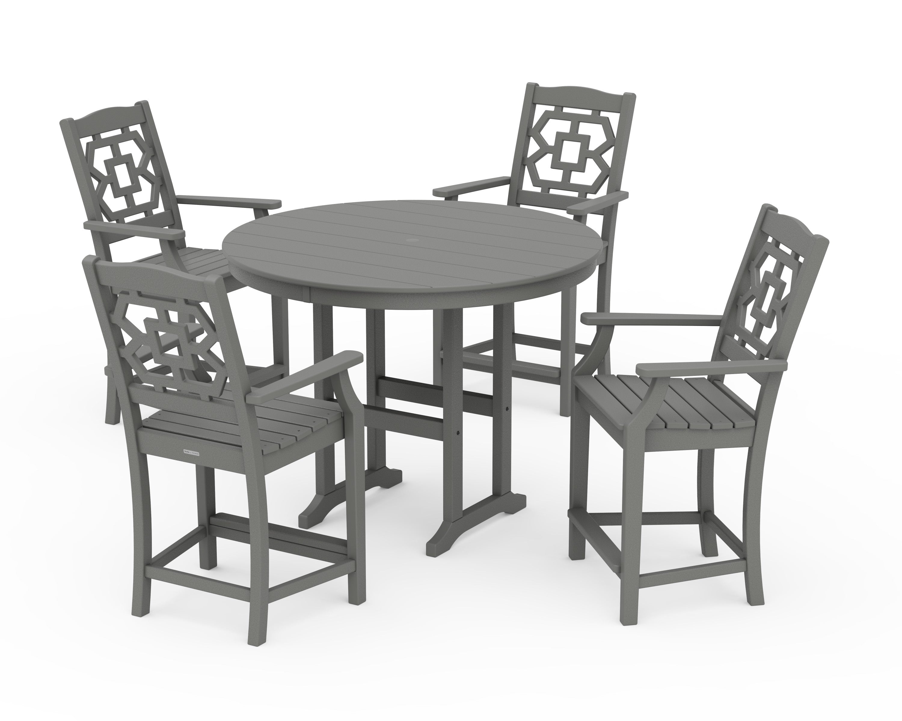 Chinoiserie 5-Piece Round Farmhouse Counter Set in Slate Grey