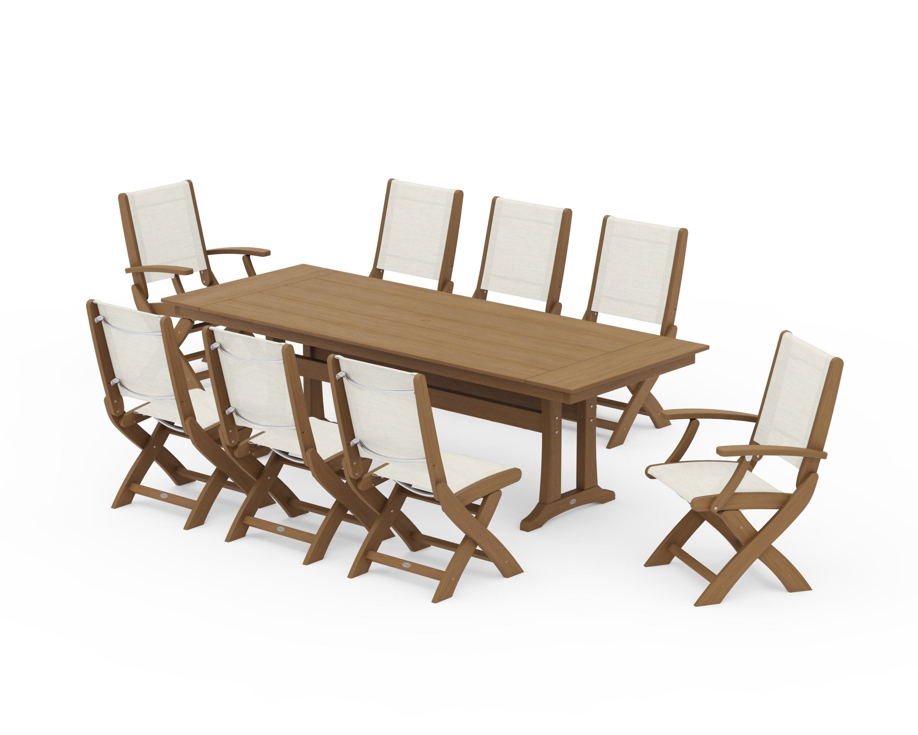 Coastal 9-Piece Folding Dining Chair Farmhouse Dining Set with Trestle Legs in Natural / Parchment Sling