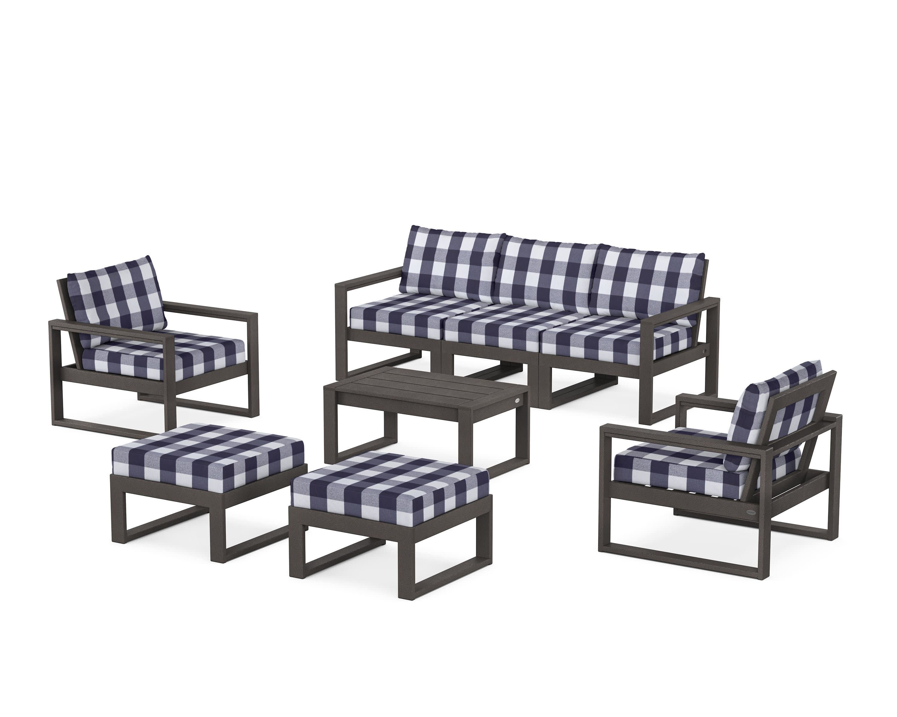 EDGE Sectional 8-Piece Lounge Sofa Set in Vintage Coffee / Buffalo Plaid Navy