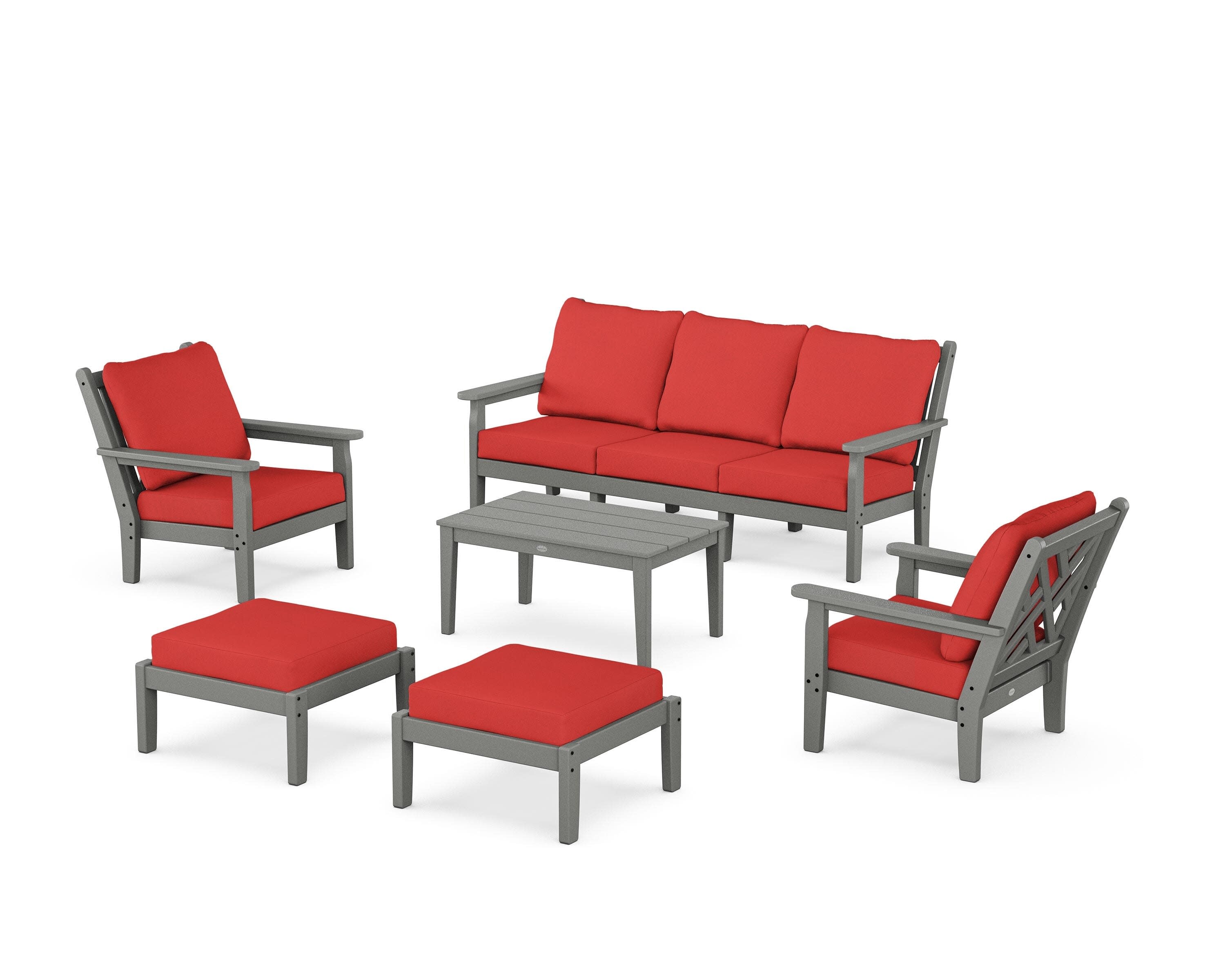 Chippendale 6-Piece Lounge Sofa Set in Slate Grey / Crimson Linen