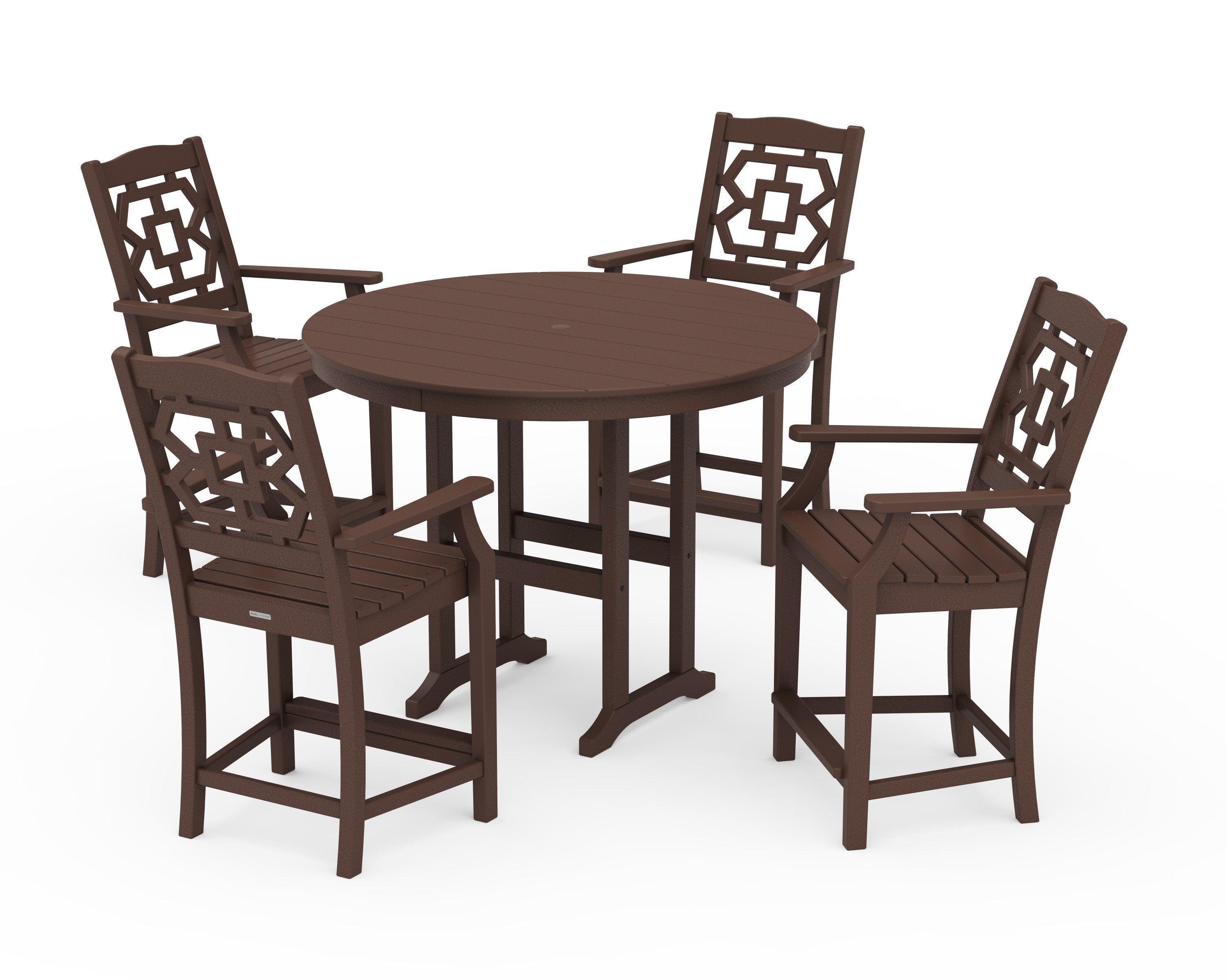 Chinoiserie 5-Piece Round Farmhouse Counter Set in Mahogany