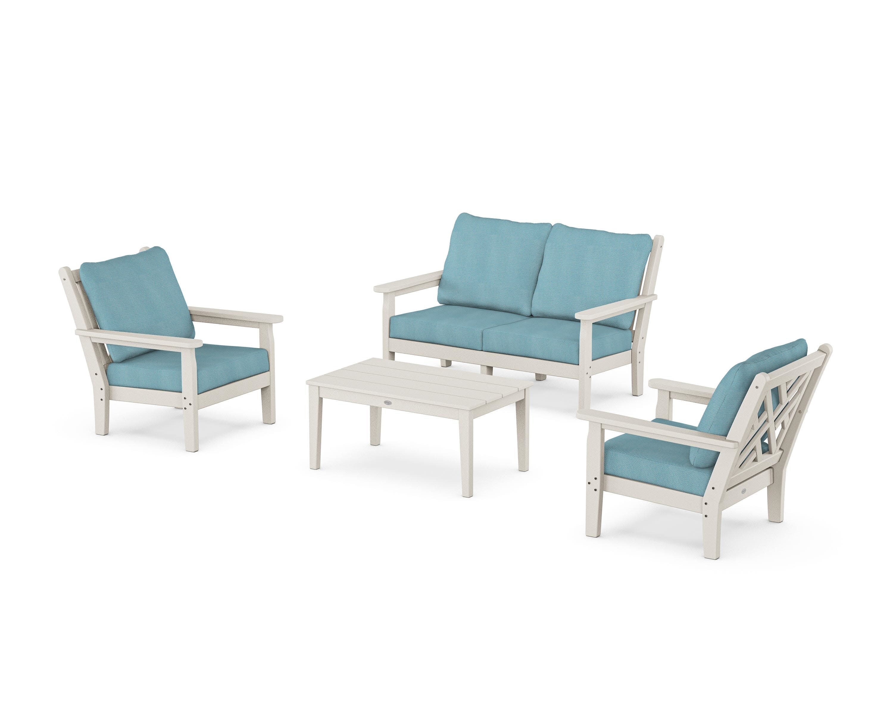 Chippendale 4-Piece Deep Seating Set with Loveseat in Sand / Lattice Sky Blue